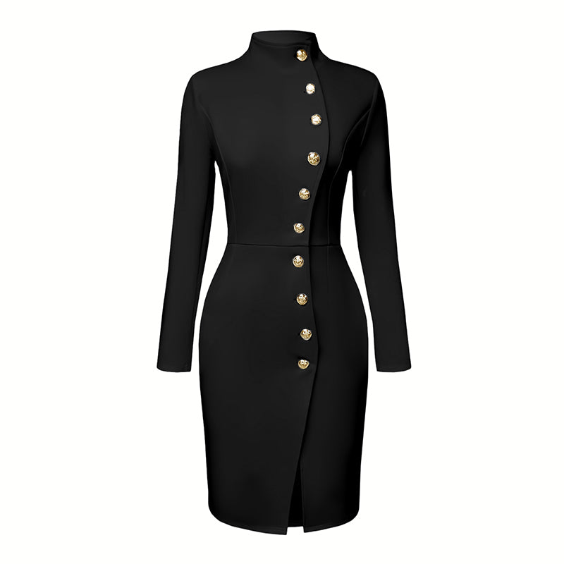 Black dress with gold buttons on a white background