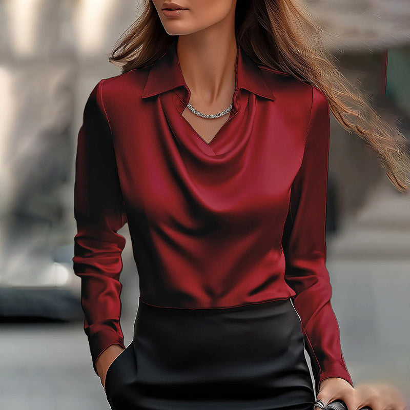 Elegant Long-Sleeve Lapel Blouse with Ruched Chest Detail – Solid Colo