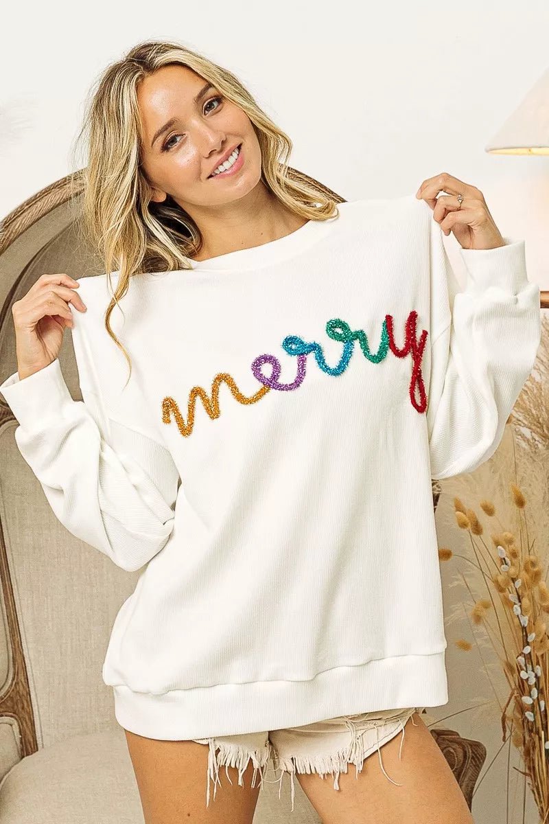 BiBi Merry Tinsel Lettering Drop Shoulder Sweatshirt - GISTMI
