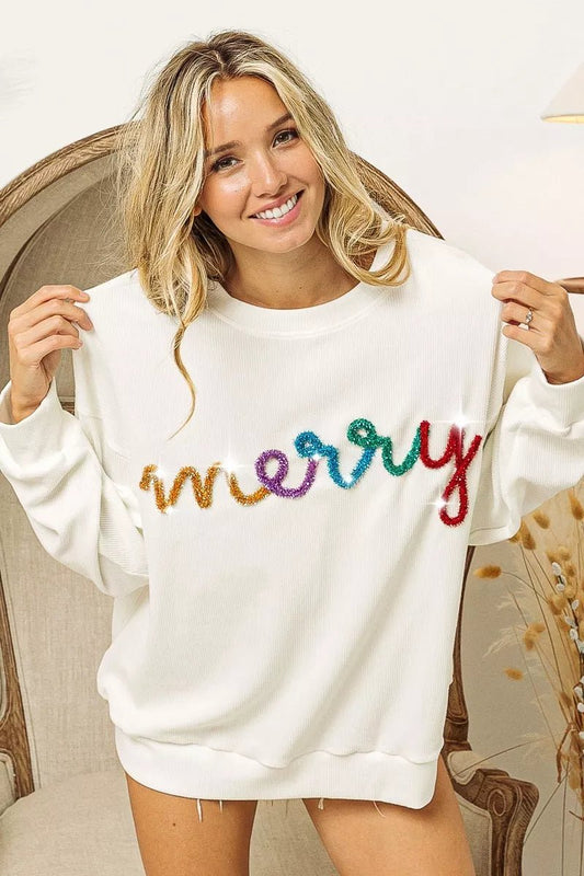 BiBi Merry Tinsel Lettering Drop Shoulder Sweatshirt - GISTMI