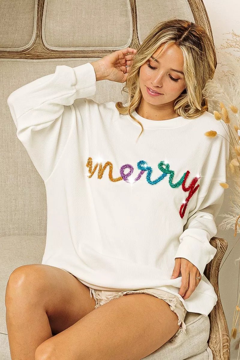 BiBi Merry Tinsel Lettering Drop Shoulder Sweatshirt - GISTMI