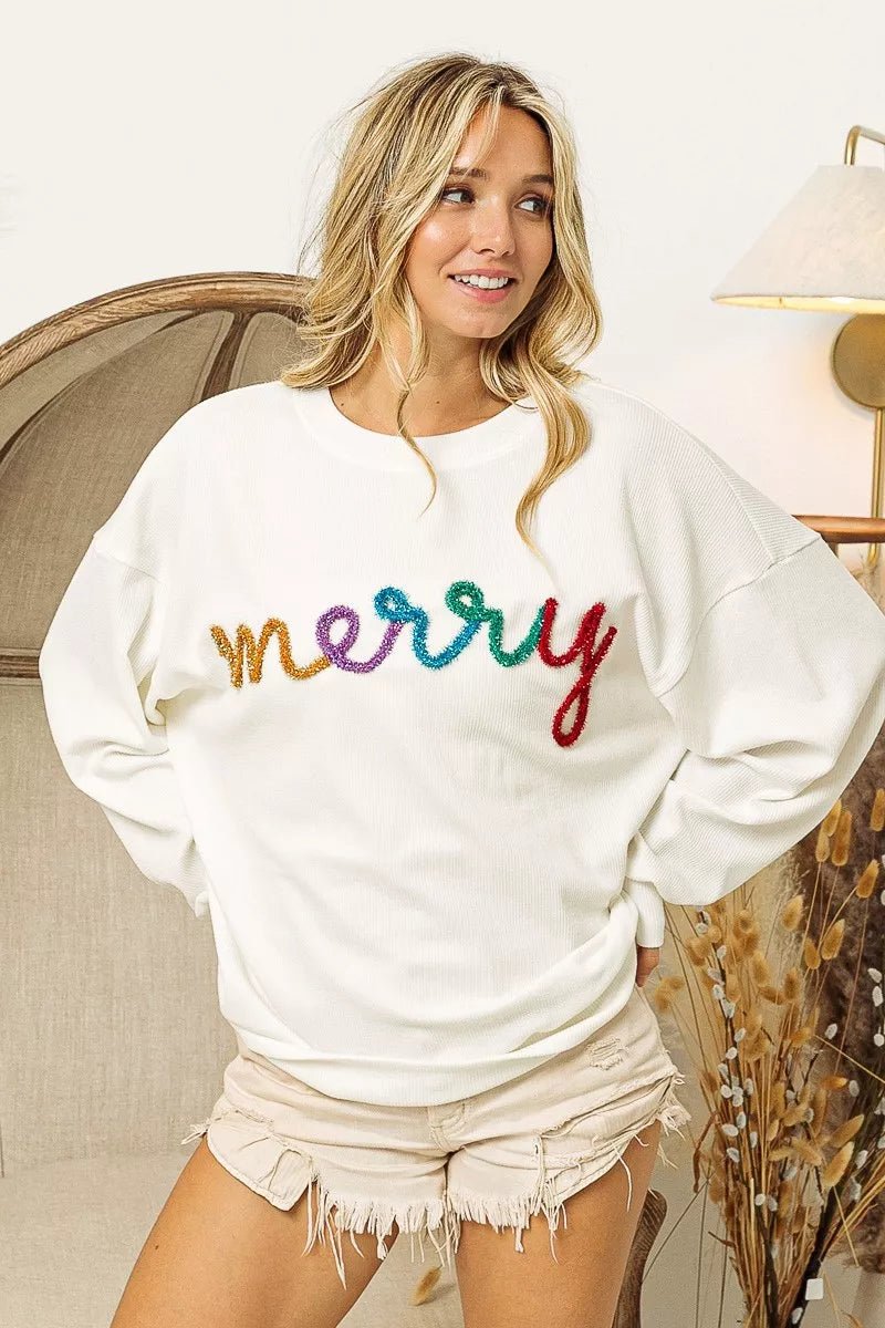 BiBi Merry Tinsel Lettering Drop Shoulder Sweatshirt - GISTMI