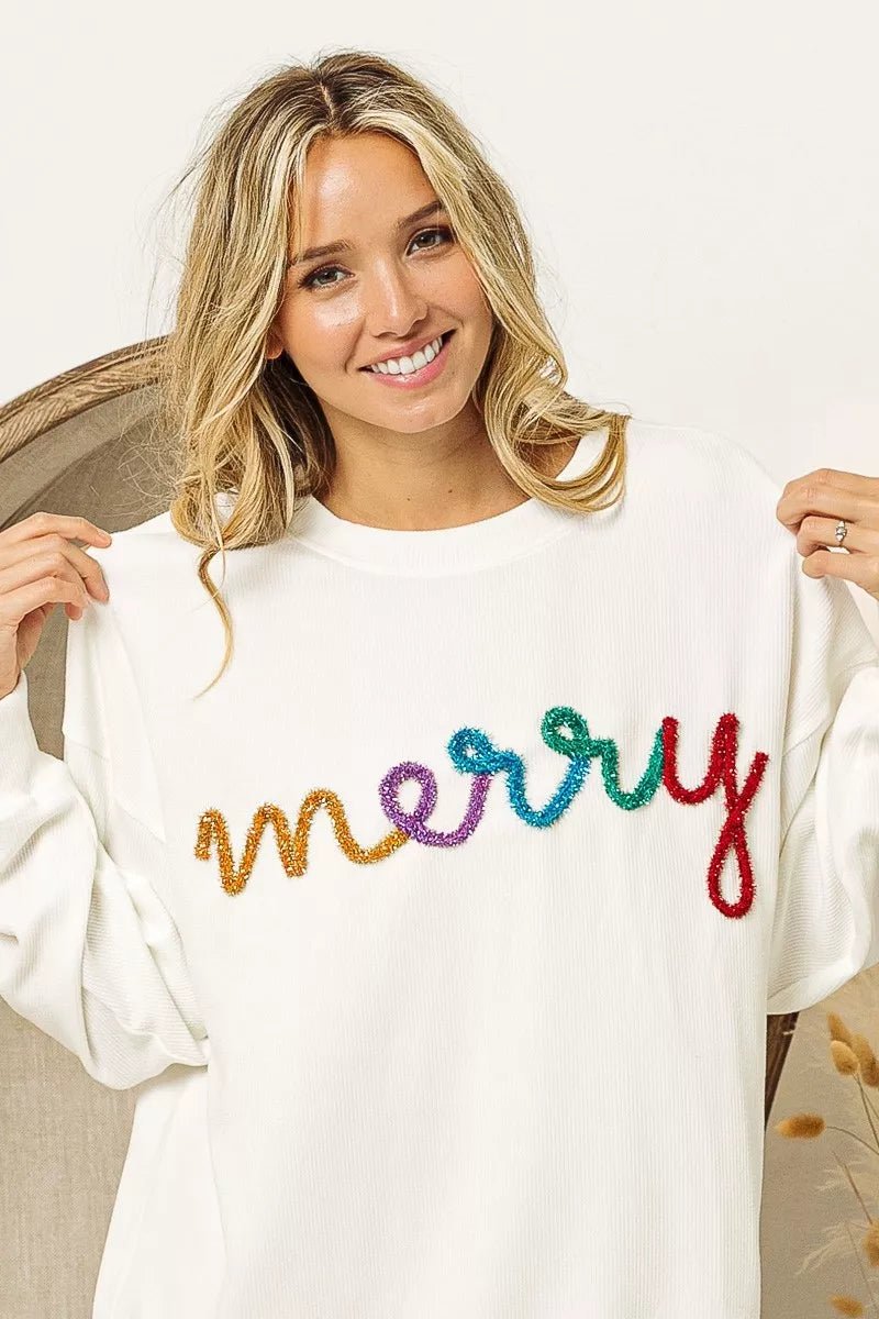 BiBi Merry Tinsel Lettering Drop Shoulder Sweatshirt - GISTMI