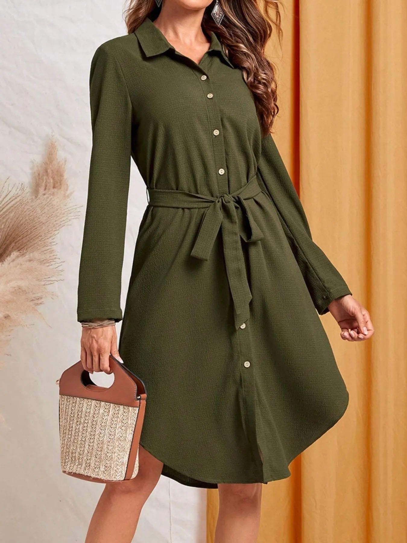 Button - Down Belted Shirt Dress - GISTMI