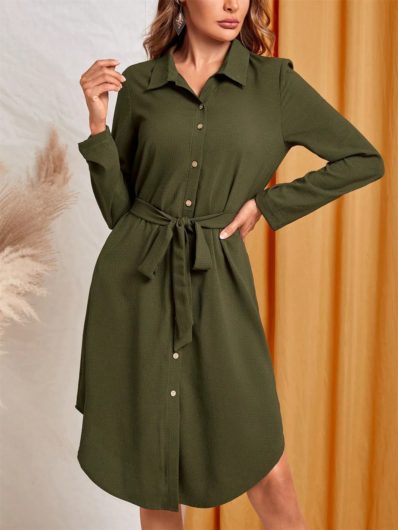 Button - Down Belted Shirt Dress - GISTMI