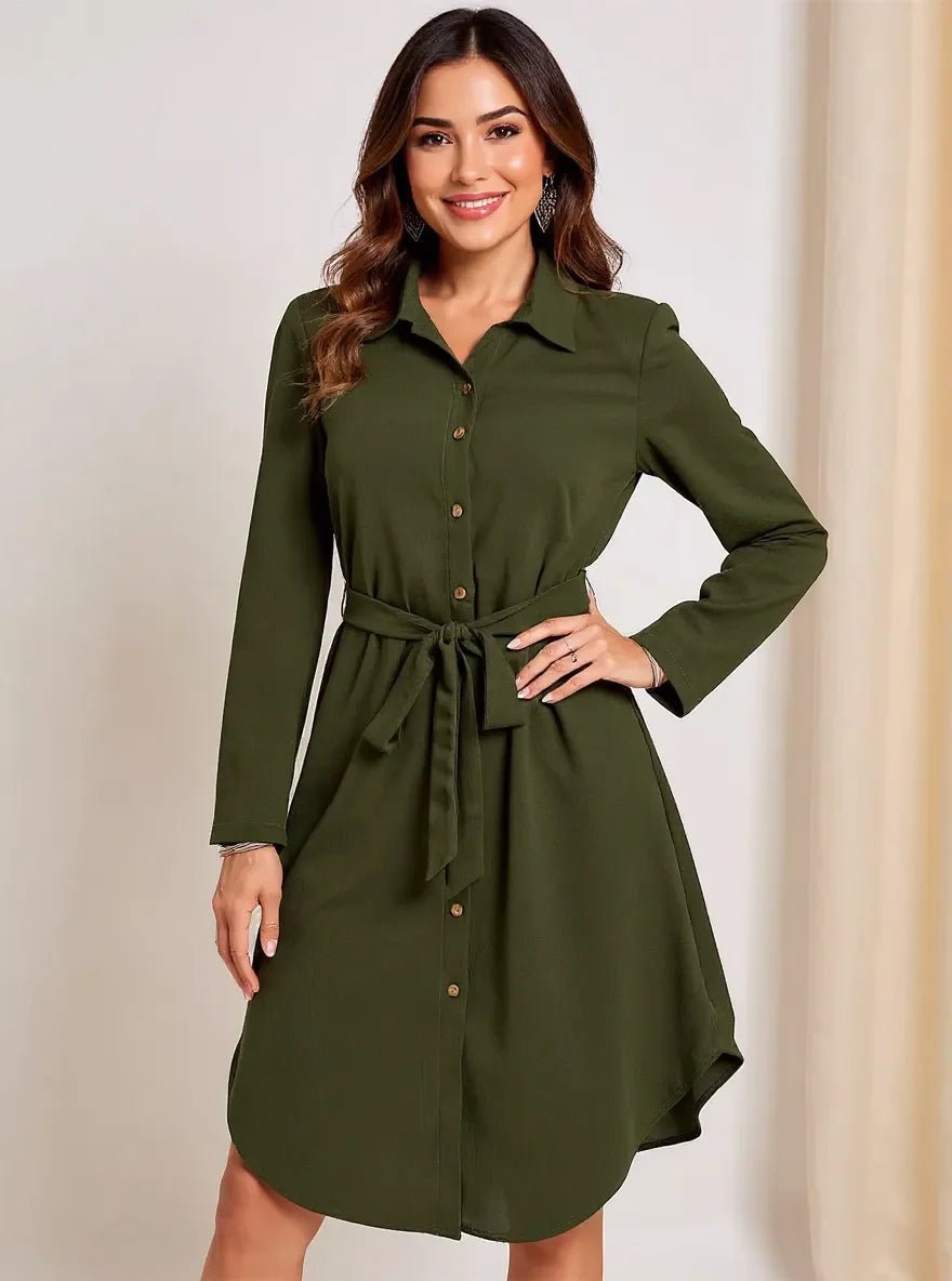 Button - Down Belted Shirt Dress - GISTMI