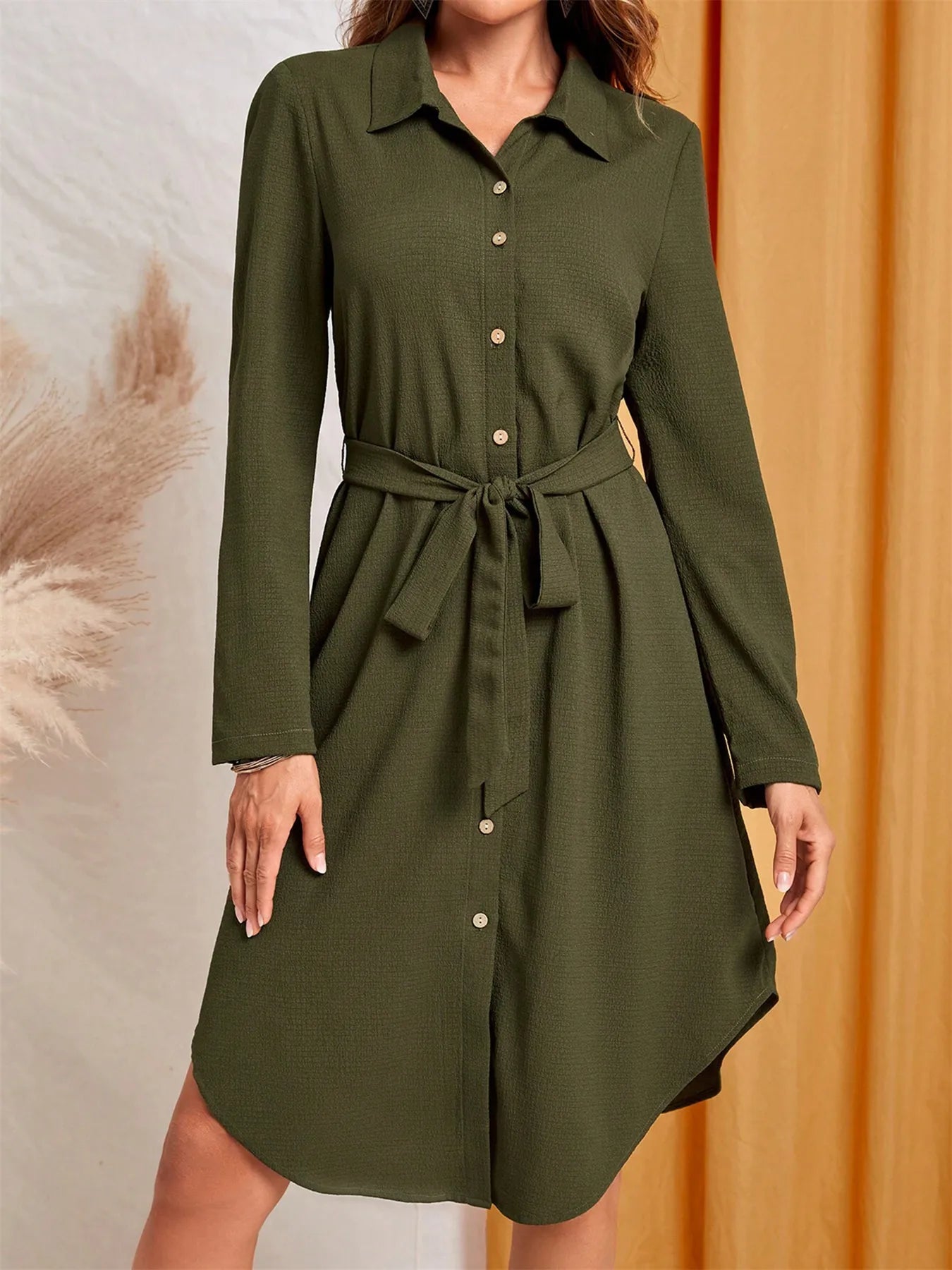 Button - Down Belted Shirt Dress - GISTMI