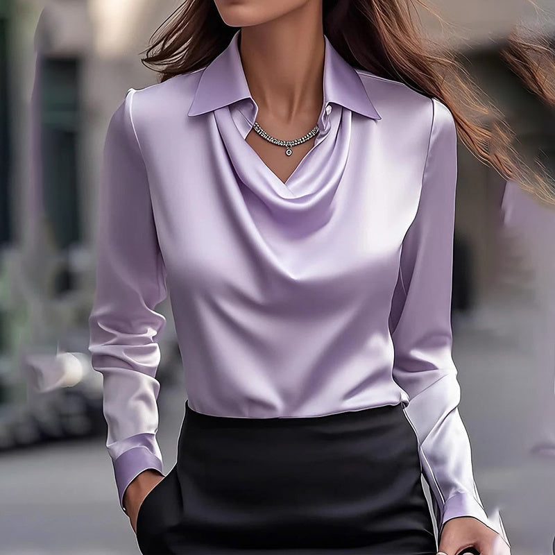 Elegant Long-Sleeve Lapel Blouse with Ruched Chest Detail – Solid Colo