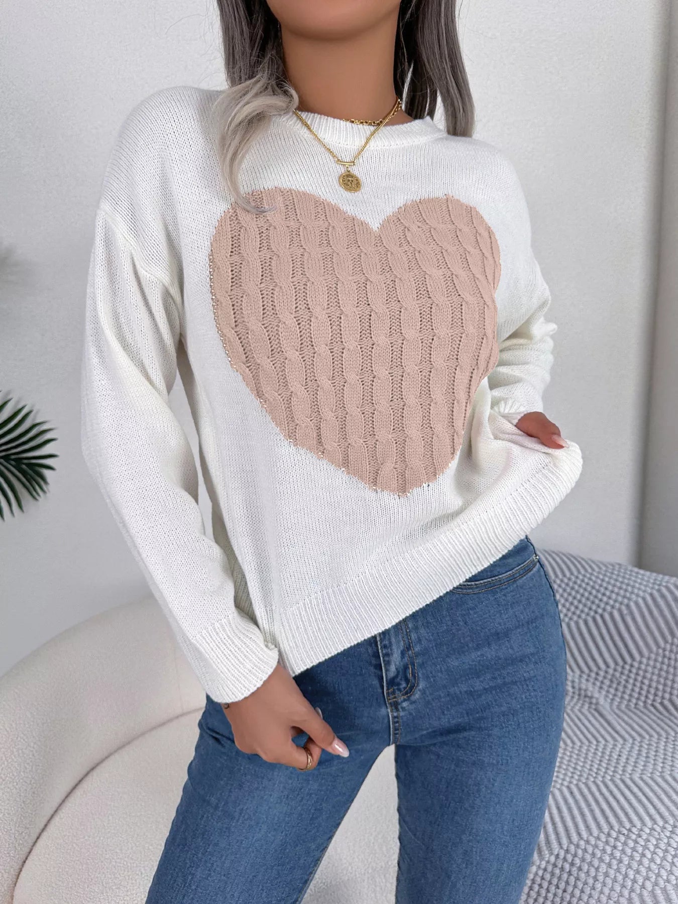 Cable Knit Heart Round Neck Sweater - GISTMI