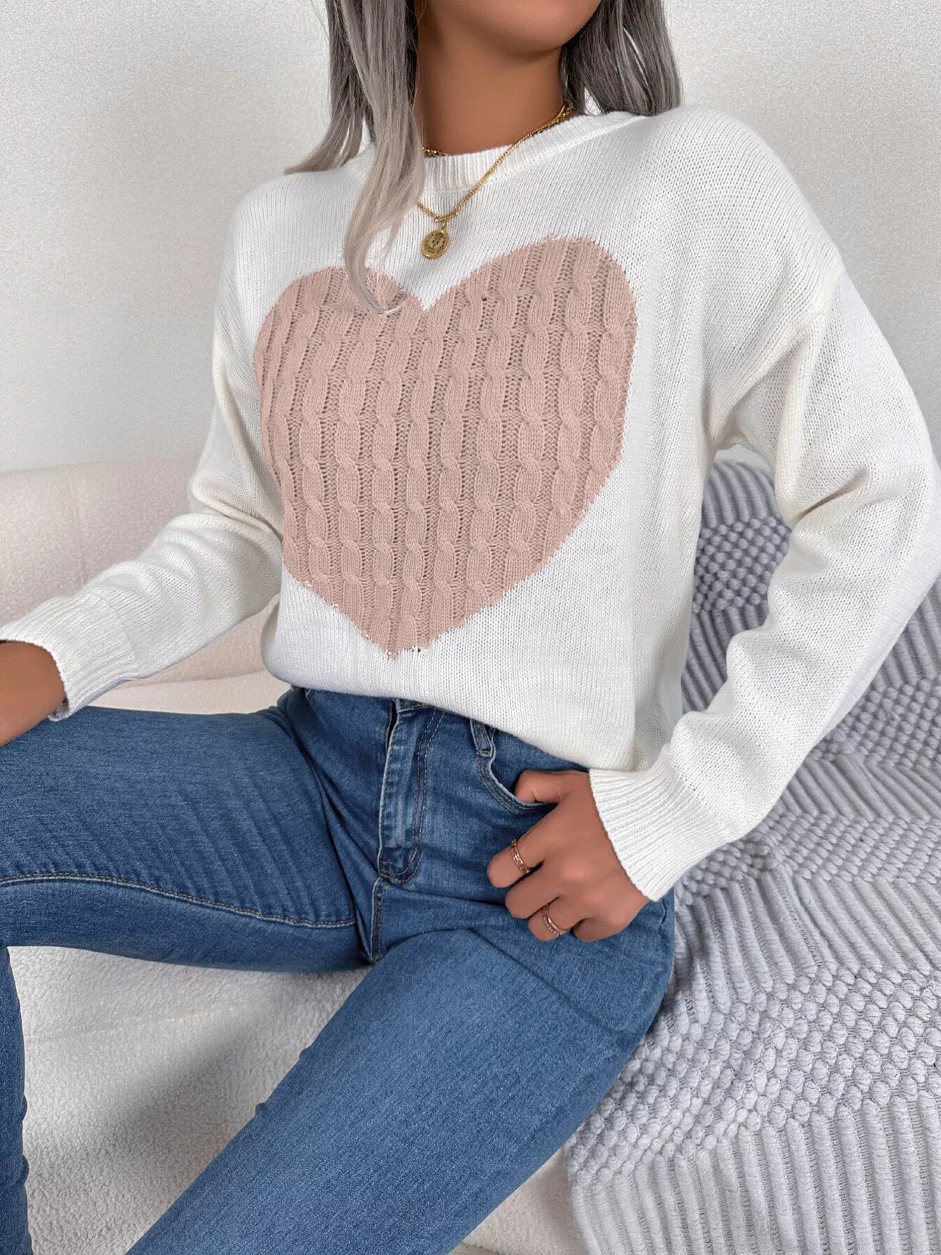 Cable Knit Heart Round Neck Sweater - GISTMI