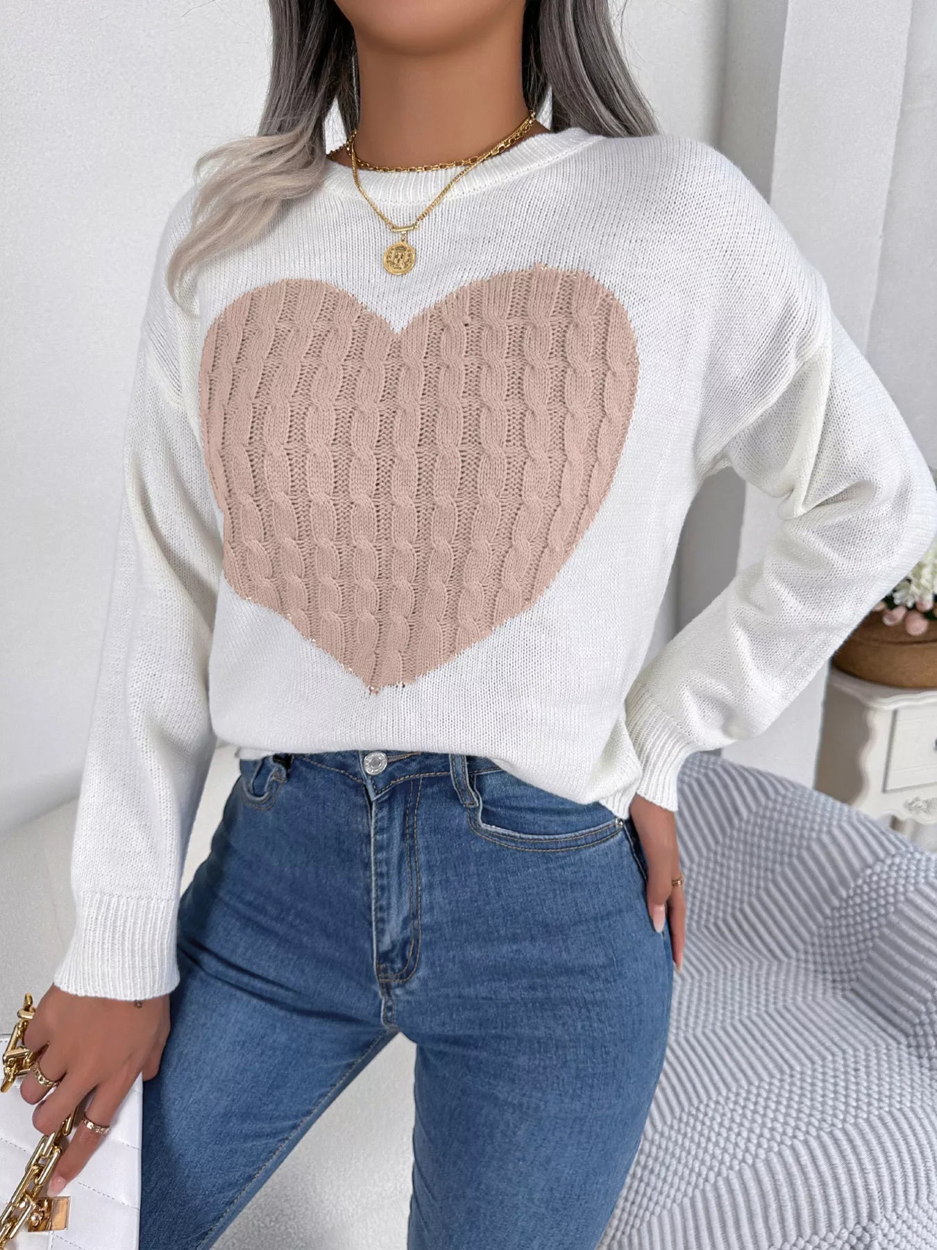 Cable Knit Heart Round Neck Sweater - GISTMI