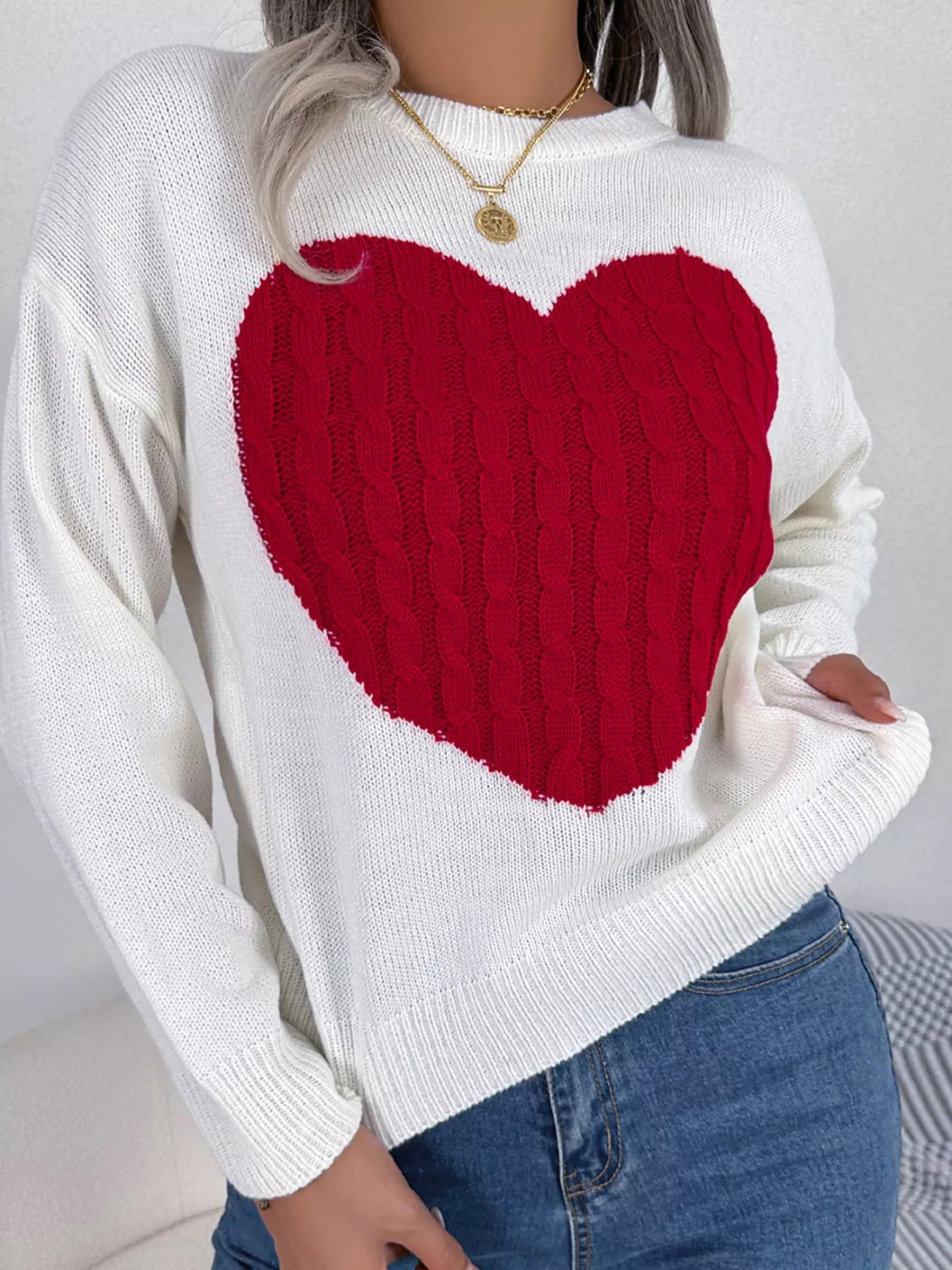 Cable Knit Heart Round Neck Sweater - GISTMI