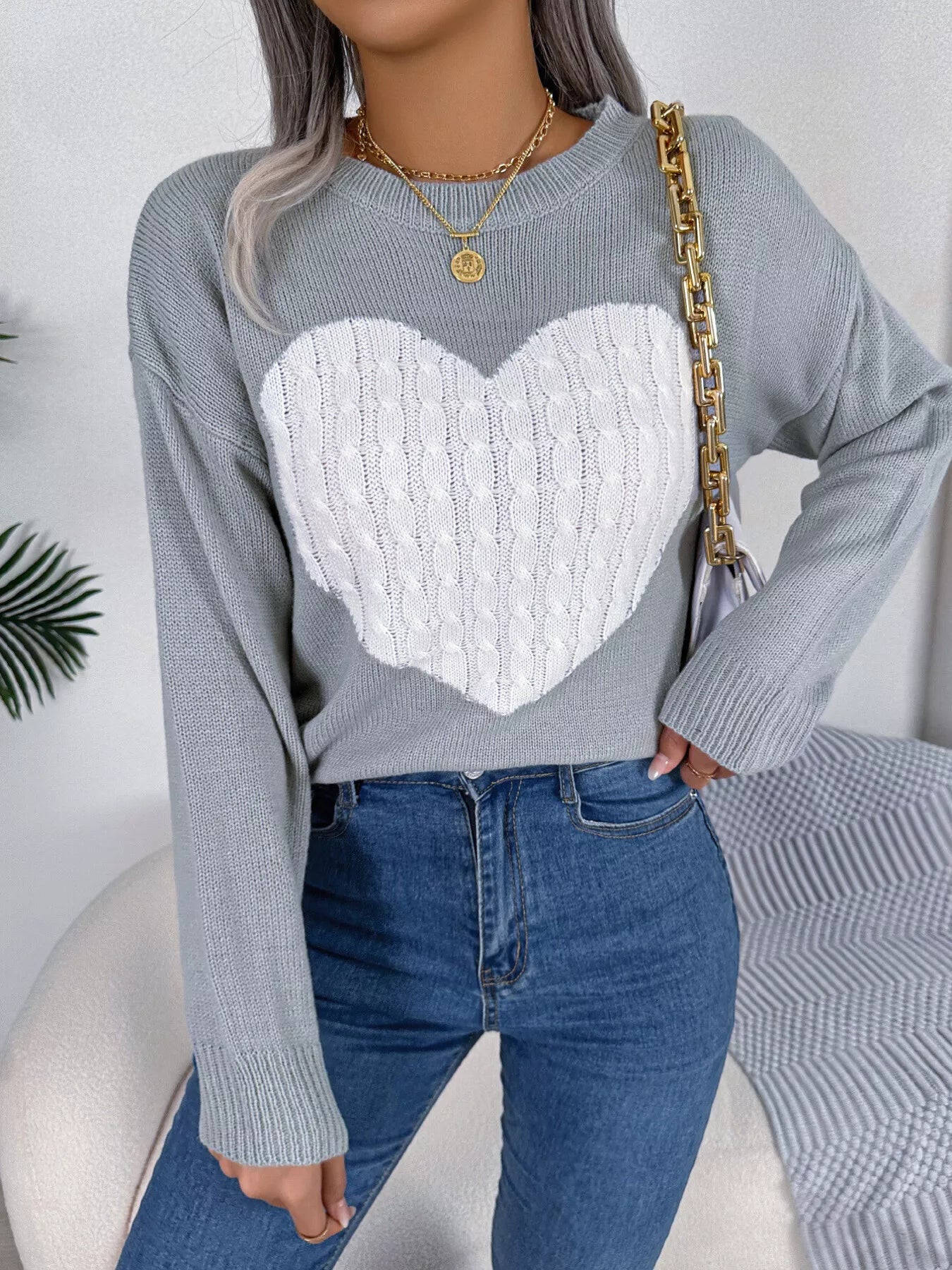 Cable Knit Heart Round Neck Sweater - GISTMI