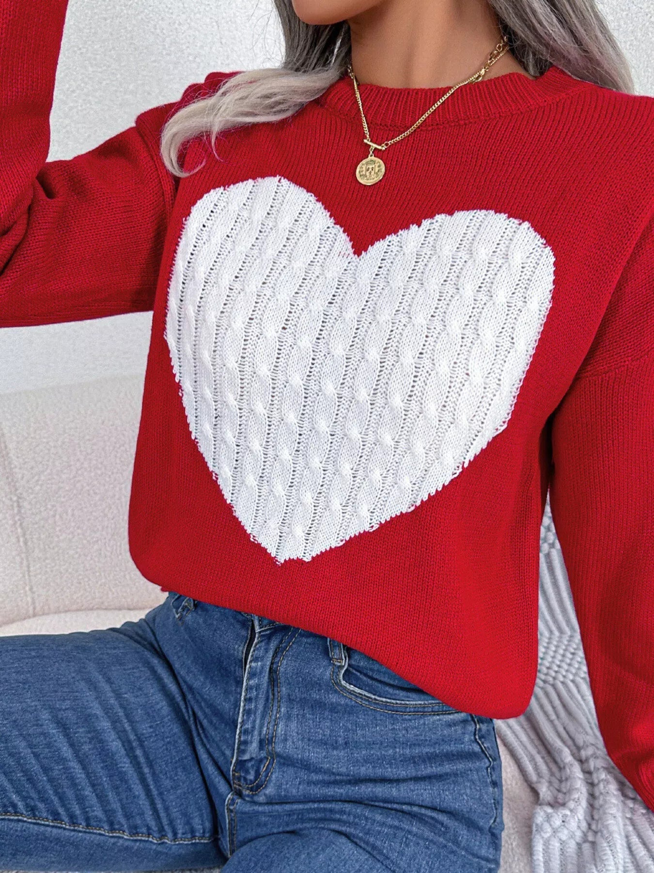 Cable Knit Heart Round Neck Sweater - GISTMI