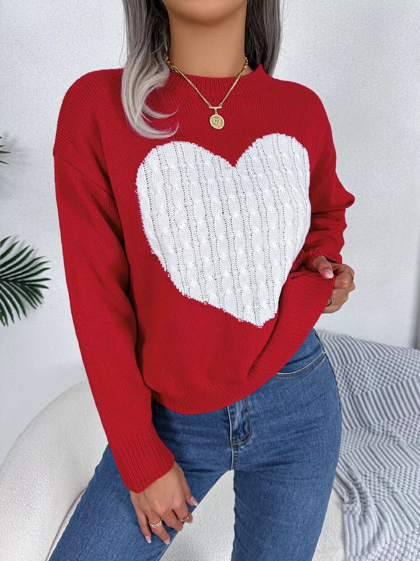 Cable Knit Heart Round Neck Sweater - GISTMI