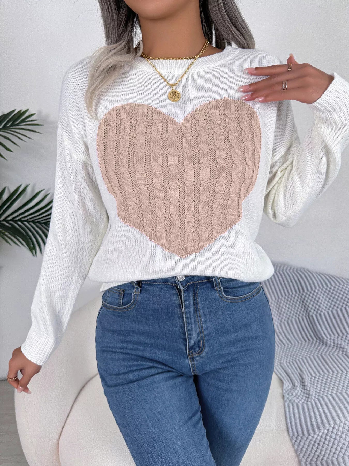 Cable Knit Heart Round Neck Sweater - GISTMI