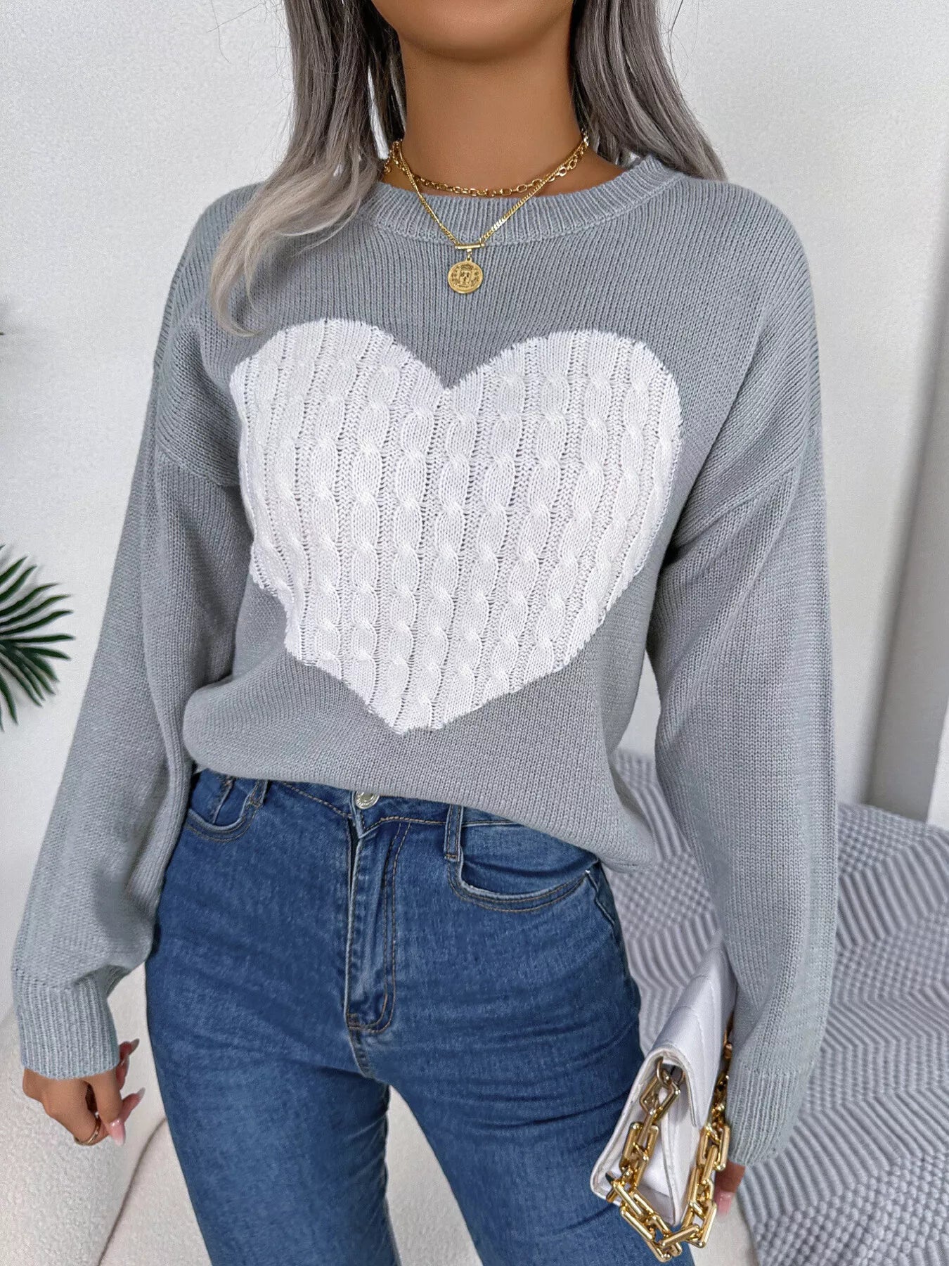 Cable Knit Heart Round Neck Sweater - GISTMI