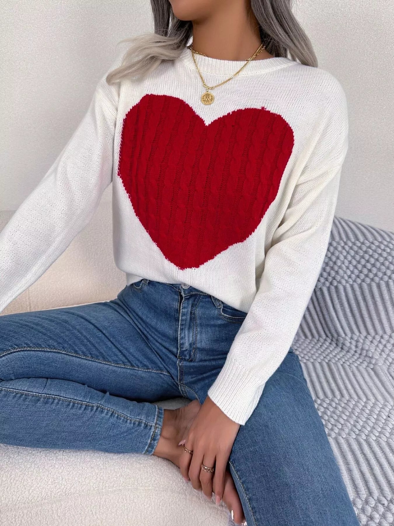 Cable Knit Heart Round Neck Sweater - GISTMI