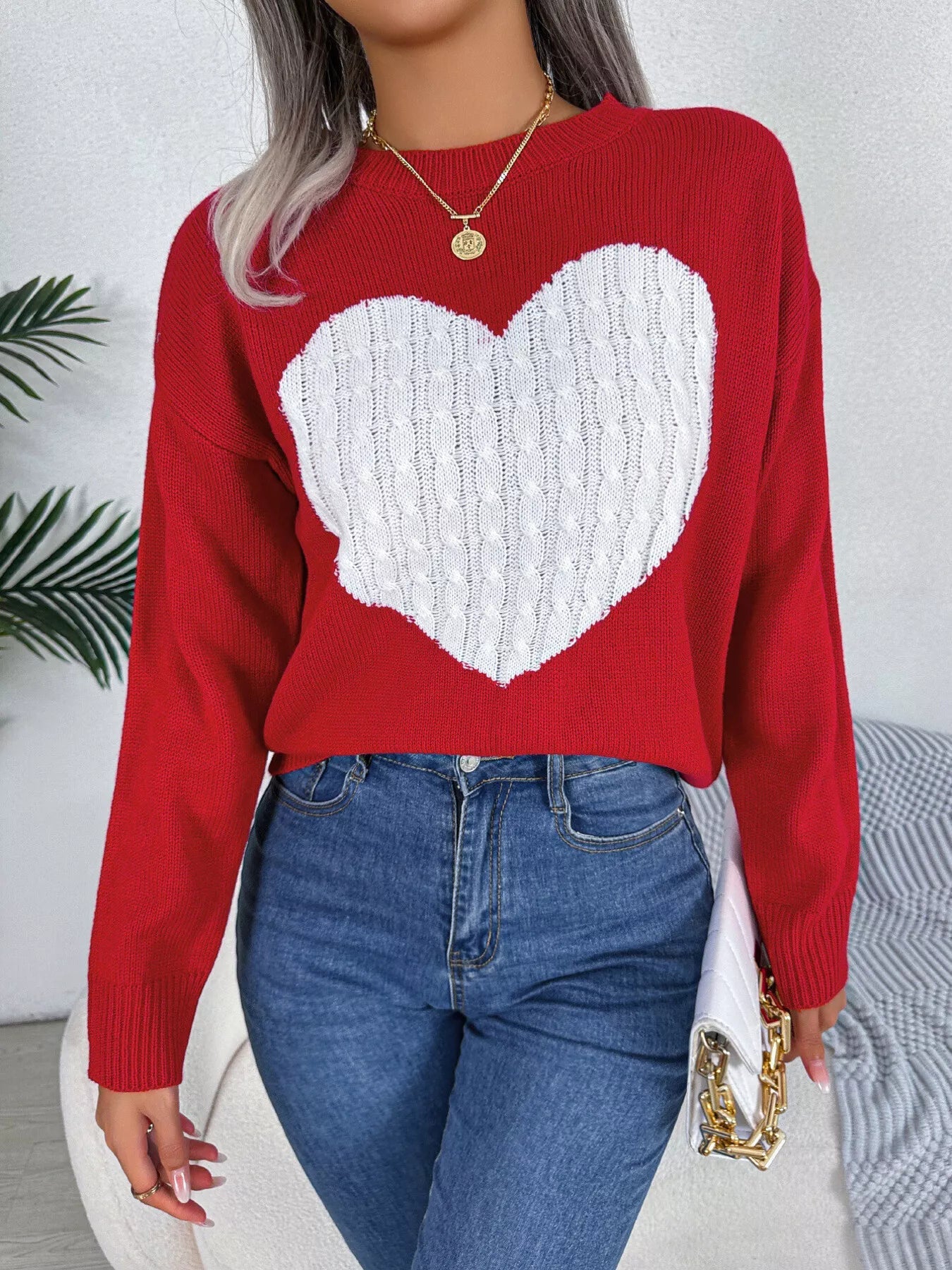 Cable Knit Heart Round Neck Sweater - GISTMI