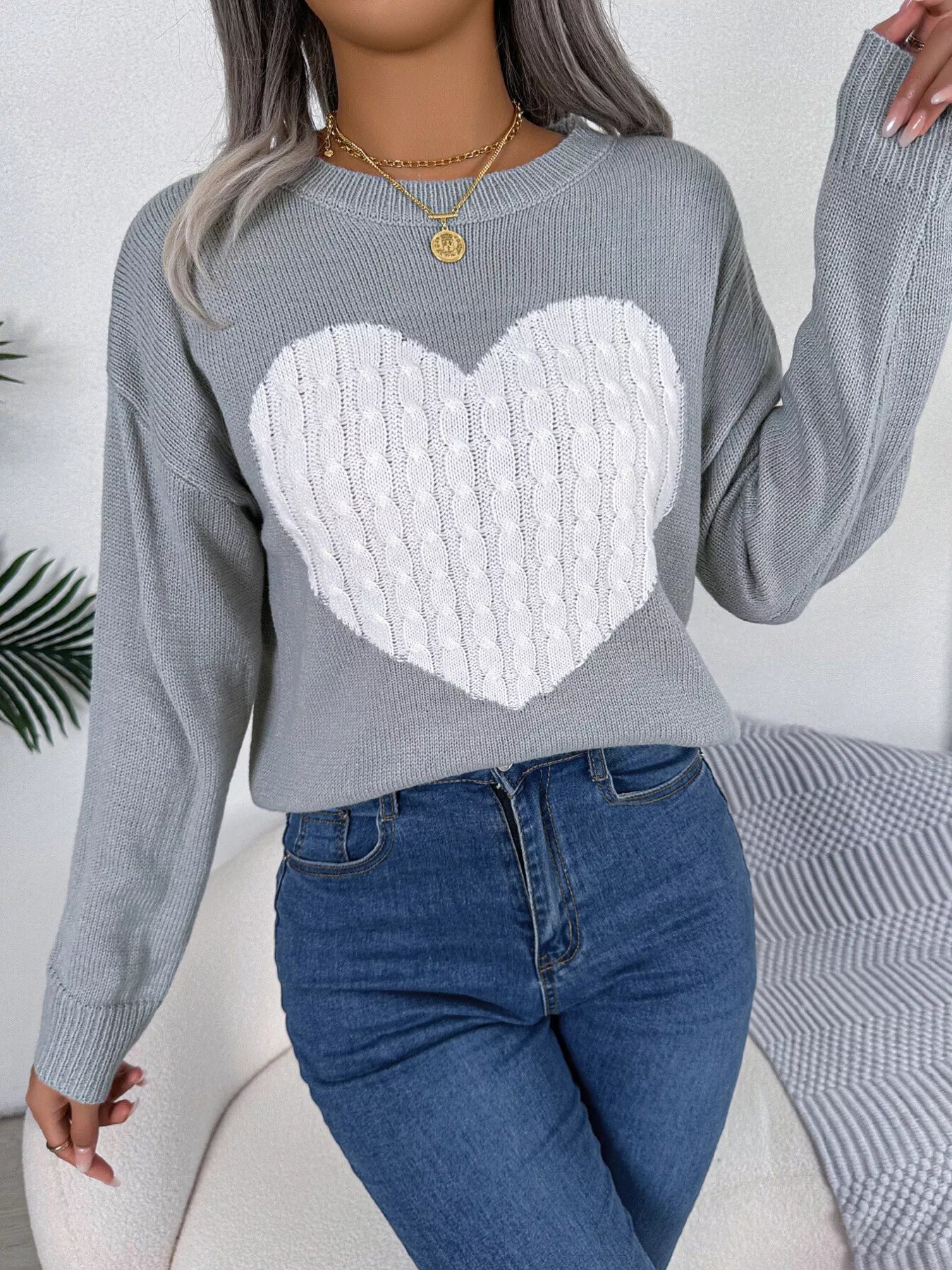 Cable Knit Heart Round Neck Sweater - GISTMI