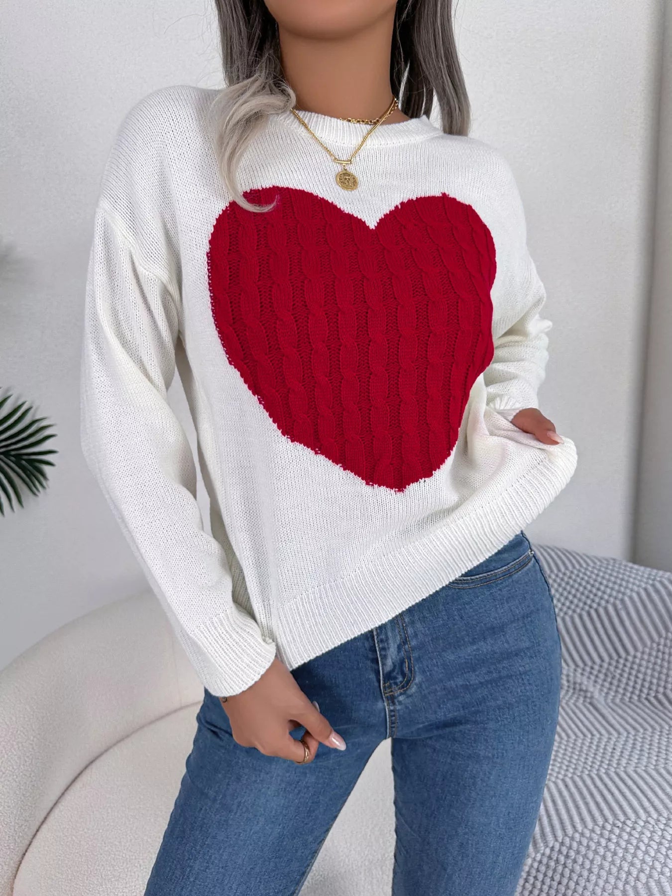 Cable Knit Heart Round Neck Sweater - GISTMI