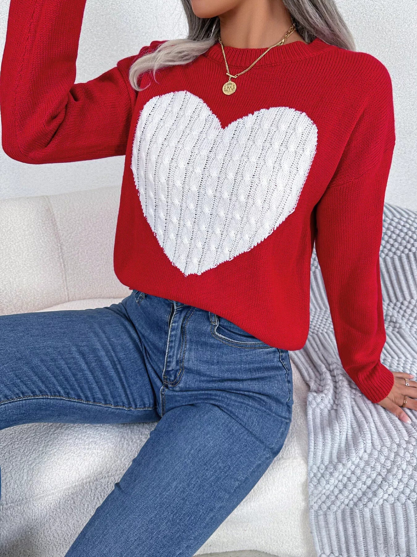 Cable Knit Heart Round Neck Sweater - GISTMI