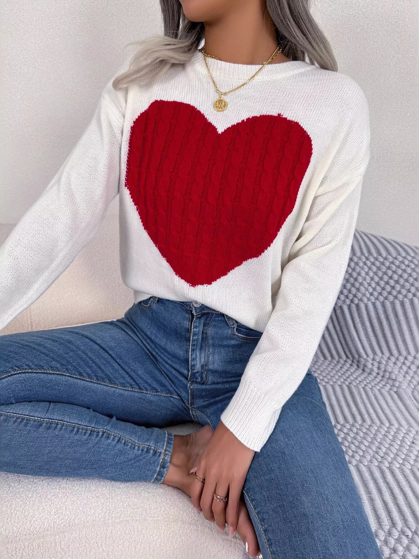 Cable Knit Heart Round Neck Sweater - GISTMI