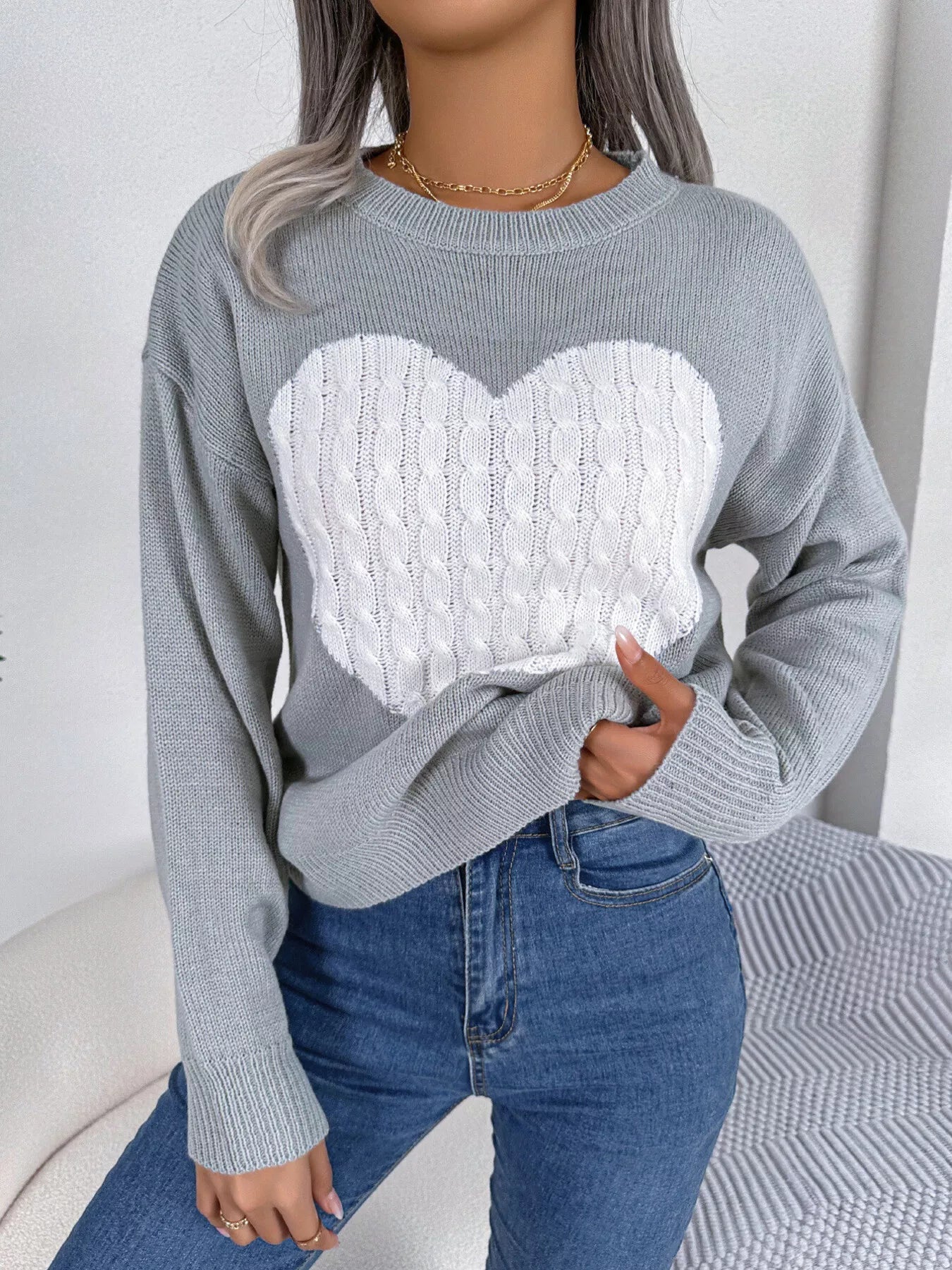 Cable Knit Heart Round Neck Sweater - GISTMI