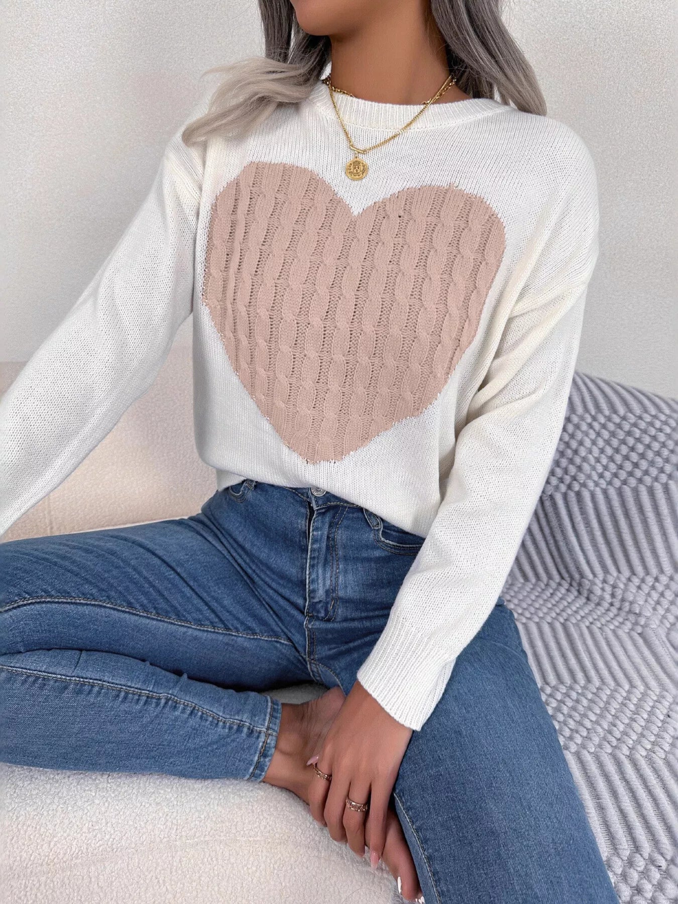 Cable Knit Heart Round Neck Sweater - GISTMI