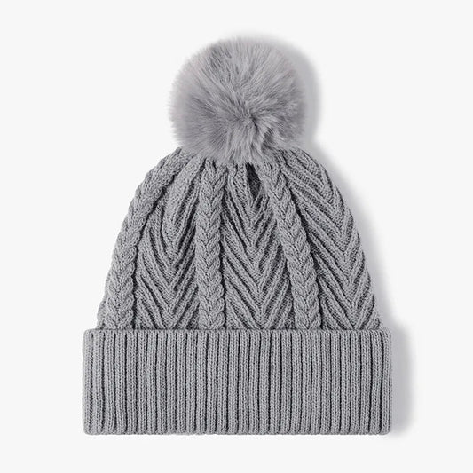 Cable Knit Solid Color Hat with Pompom - GISTMI