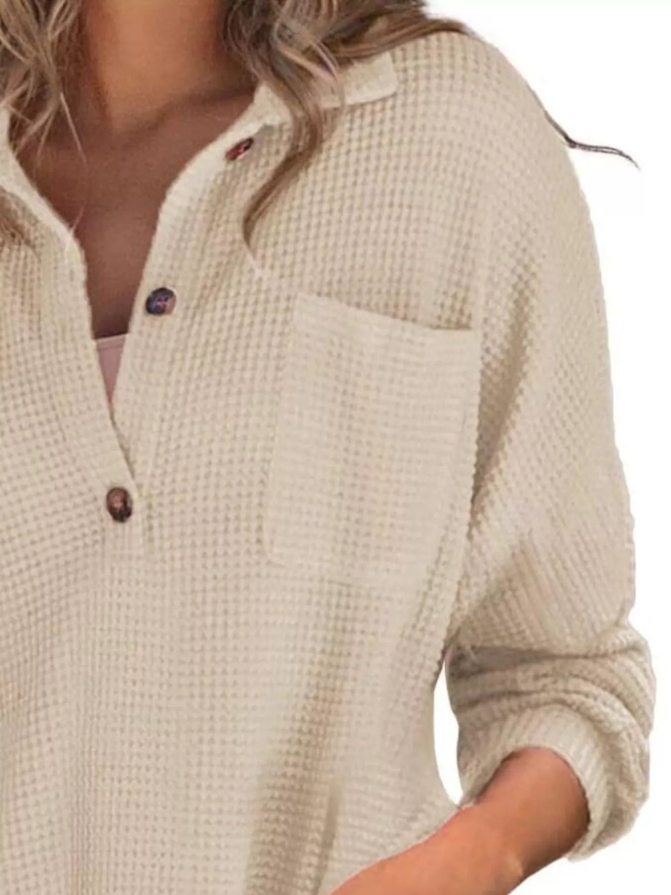Casual Waffle Knit Button Detail Blouse - GISTMITops