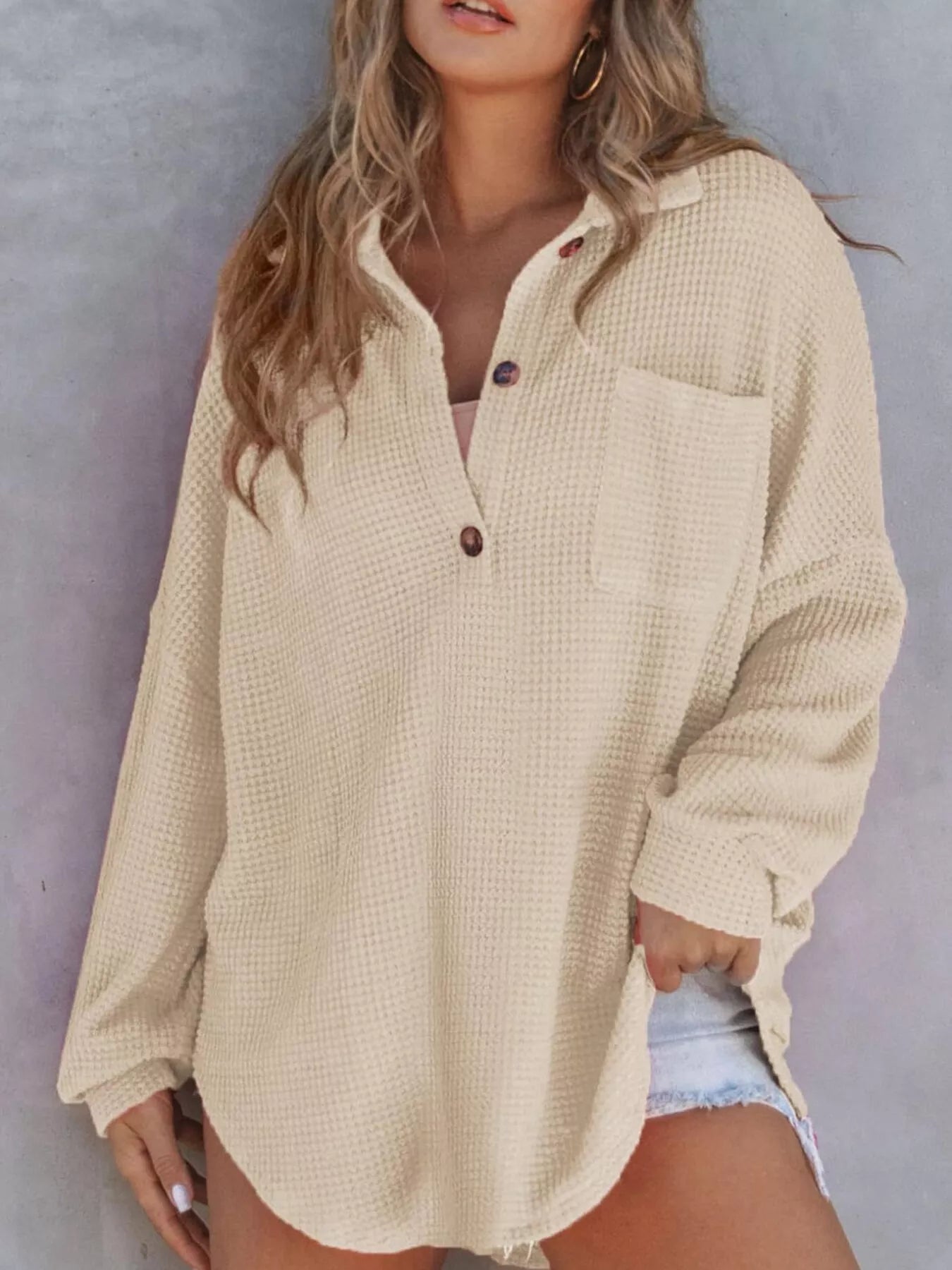 Casual Waffle Knit Button Detail Blouse - GISTMITops