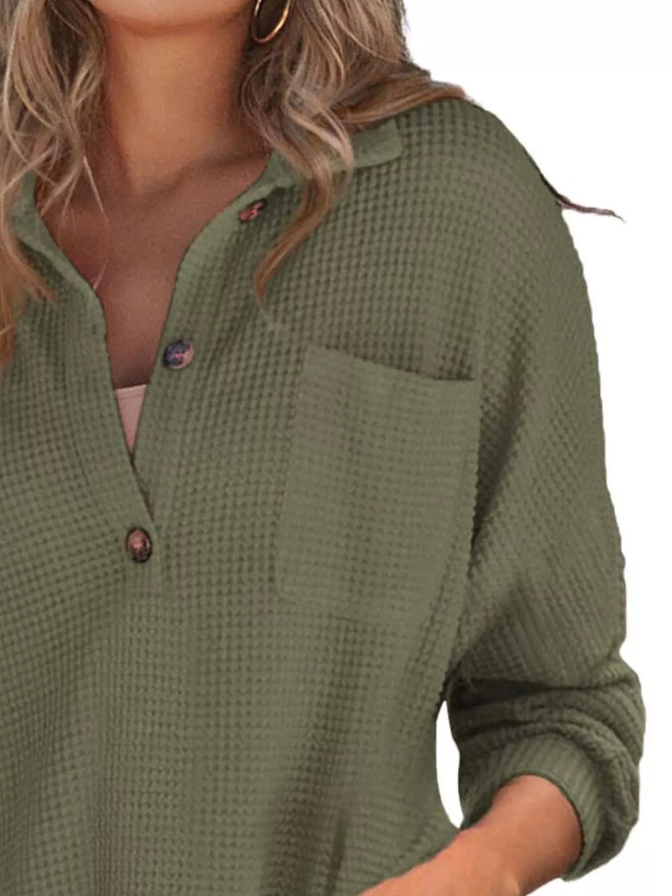 Casual Waffle Knit Button Detail Blouse - GISTMITops
