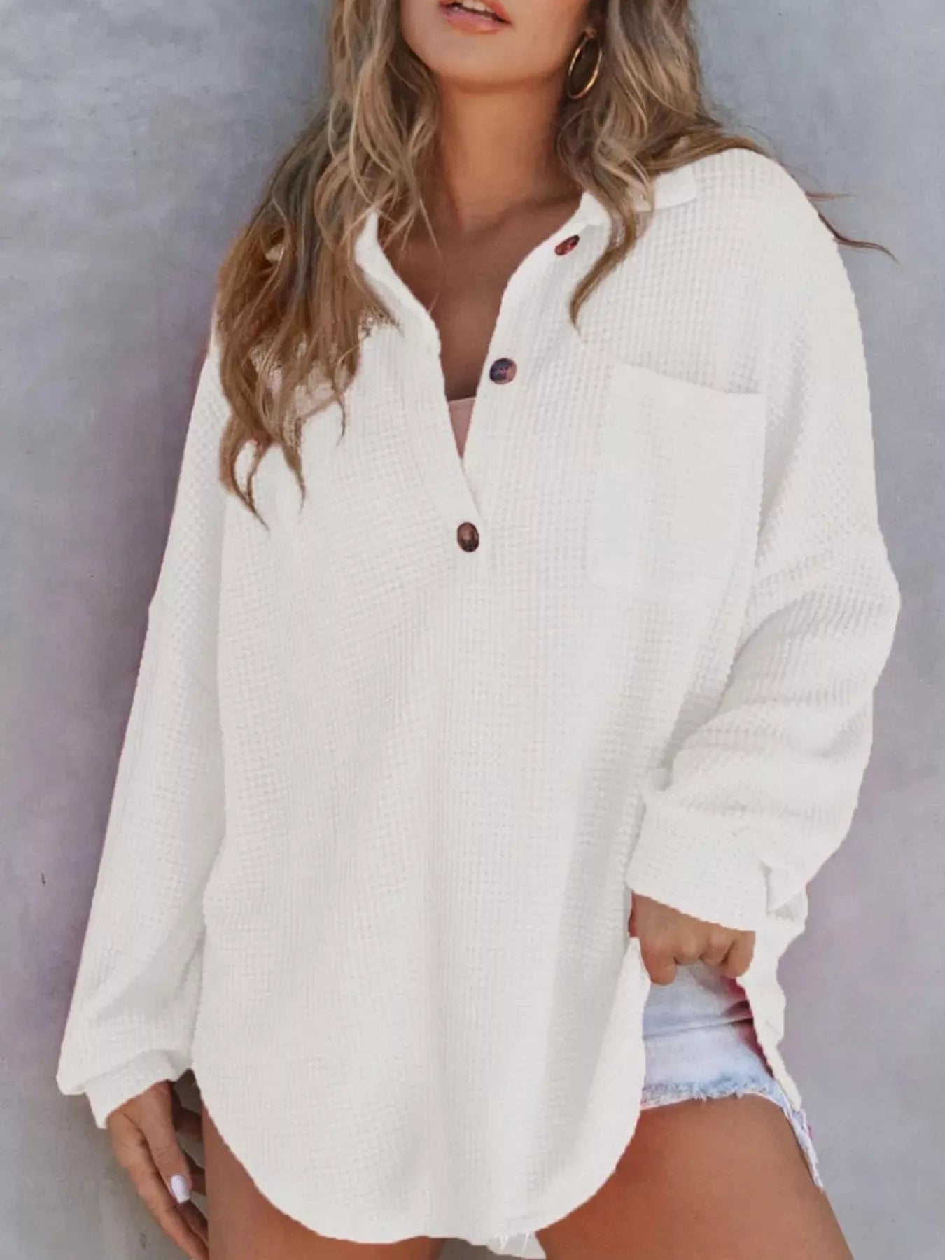 Casual Waffle Knit Button Detail Blouse - GISTMITops