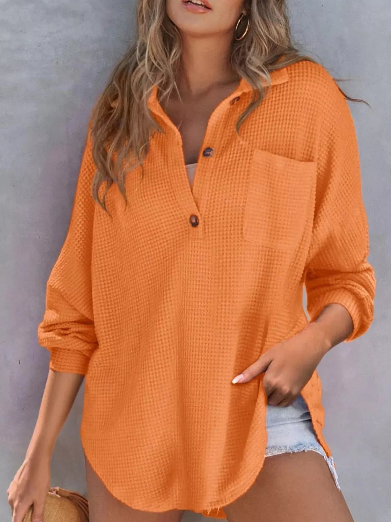 Casual Waffle Knit Button Detail Blouse - GISTMITops