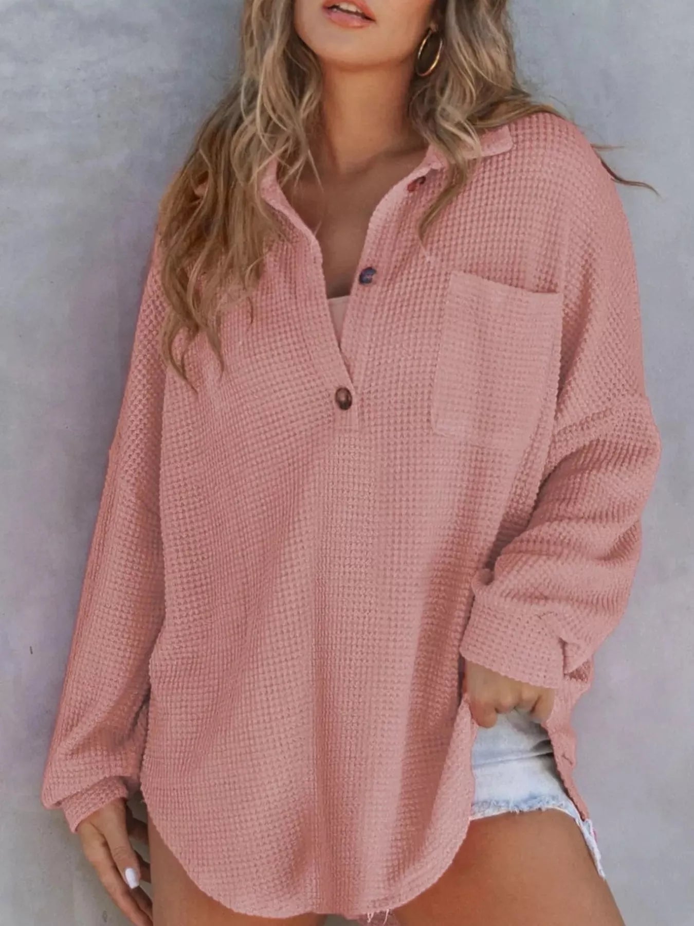 Casual Waffle Knit Button Detail Blouse - GISTMITops