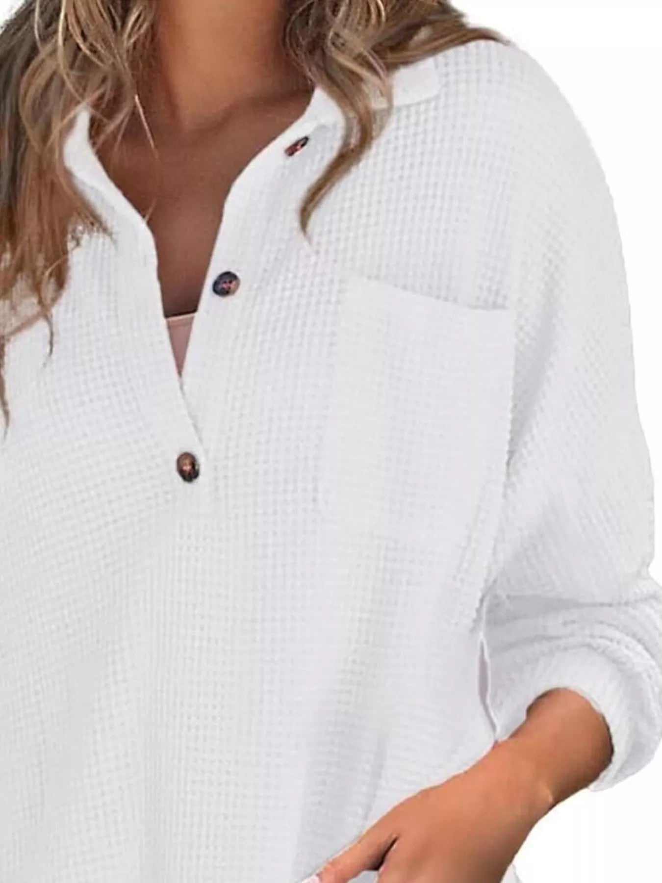 Casual Waffle Knit Button Detail Blouse - GISTMITops