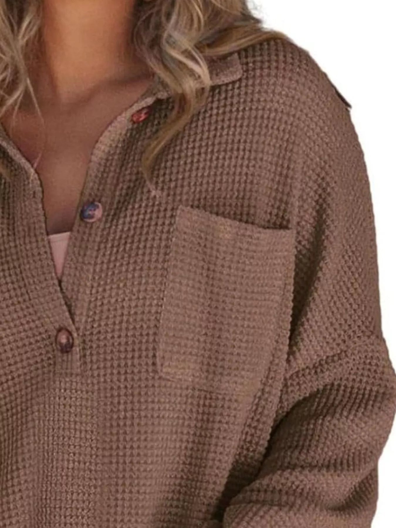 Casual Waffle Knit Button Detail Blouse - GISTMITops