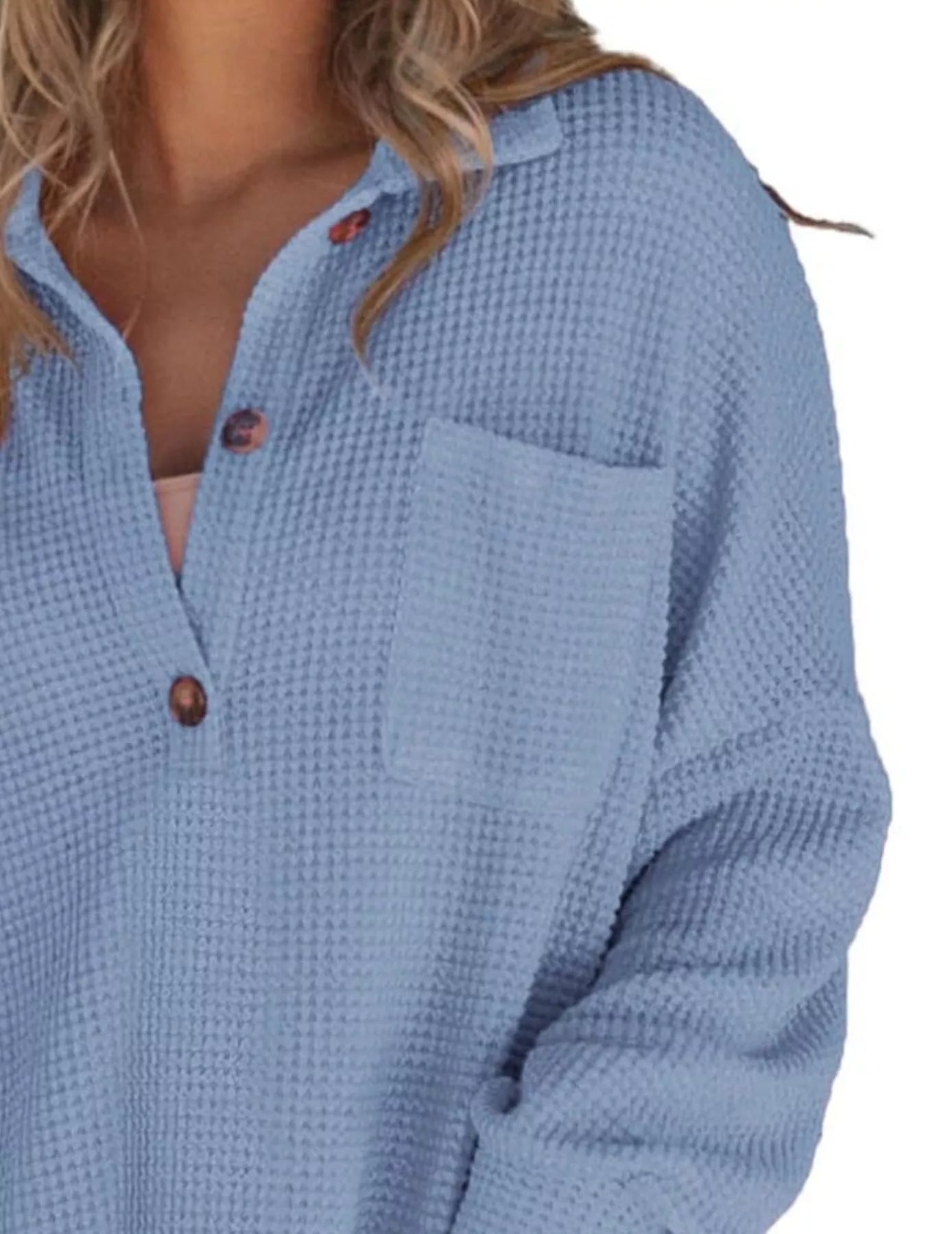 Casual Waffle Knit Button Detail Blouse - GISTMITops