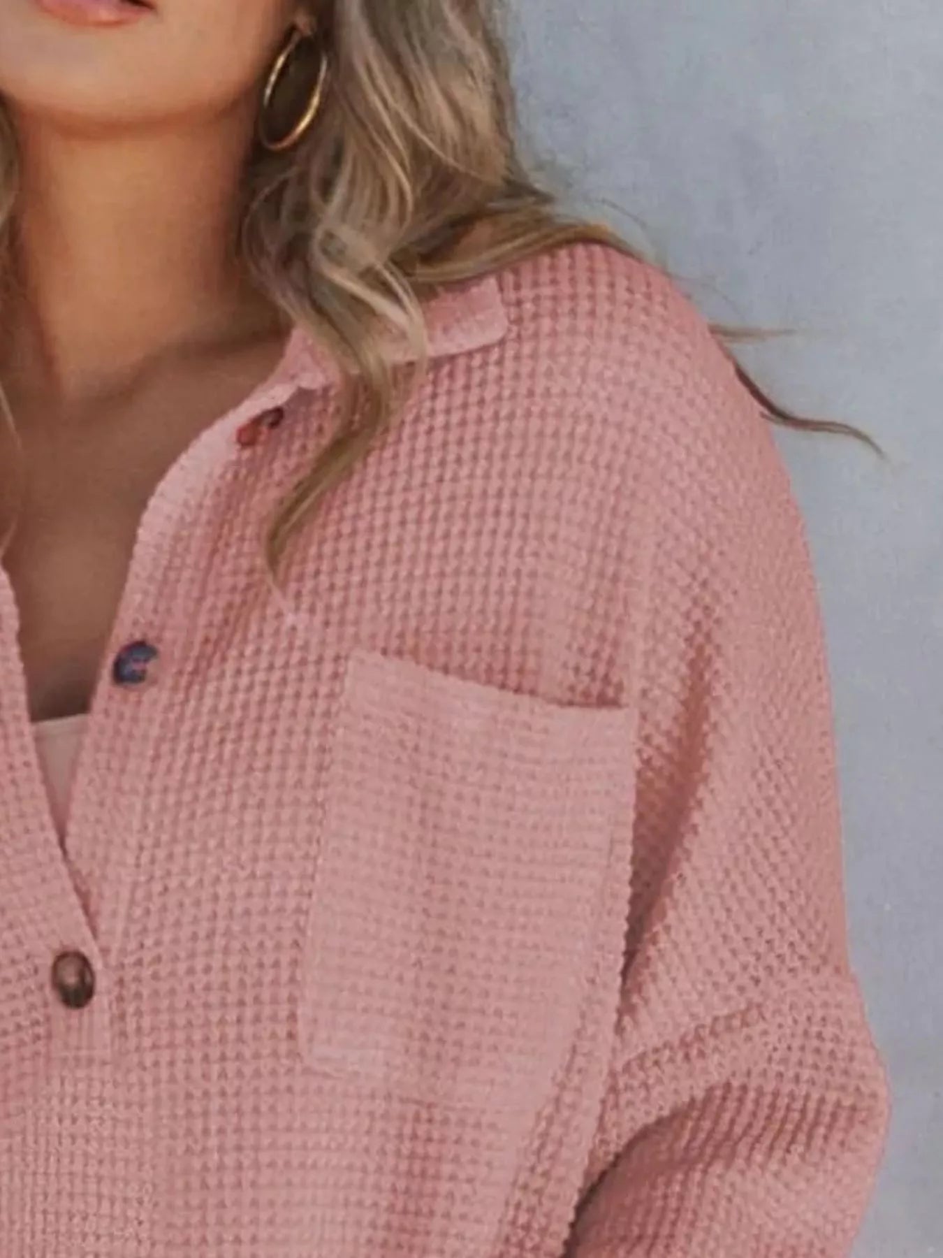 Casual Waffle Knit Button Detail Blouse - GISTMITops