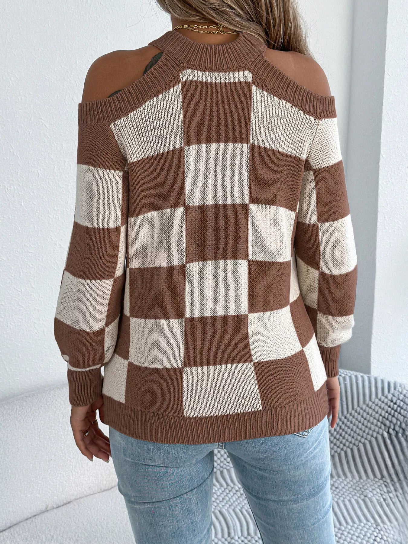 Cold Shoulder Checkered Long Sleeve Sweater - GISTMI