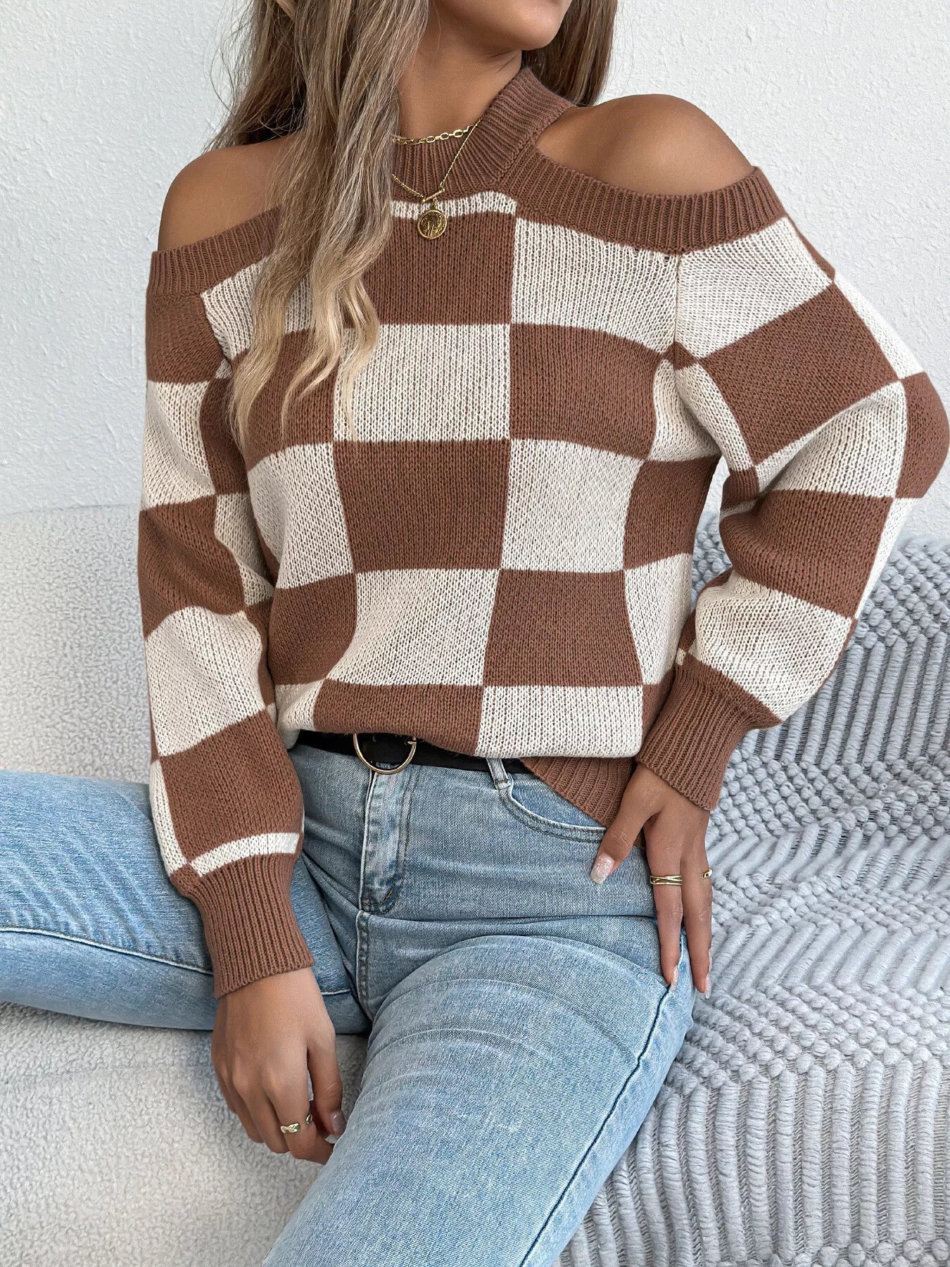 Cold Shoulder Checkered Long Sleeve Sweater - GISTMI