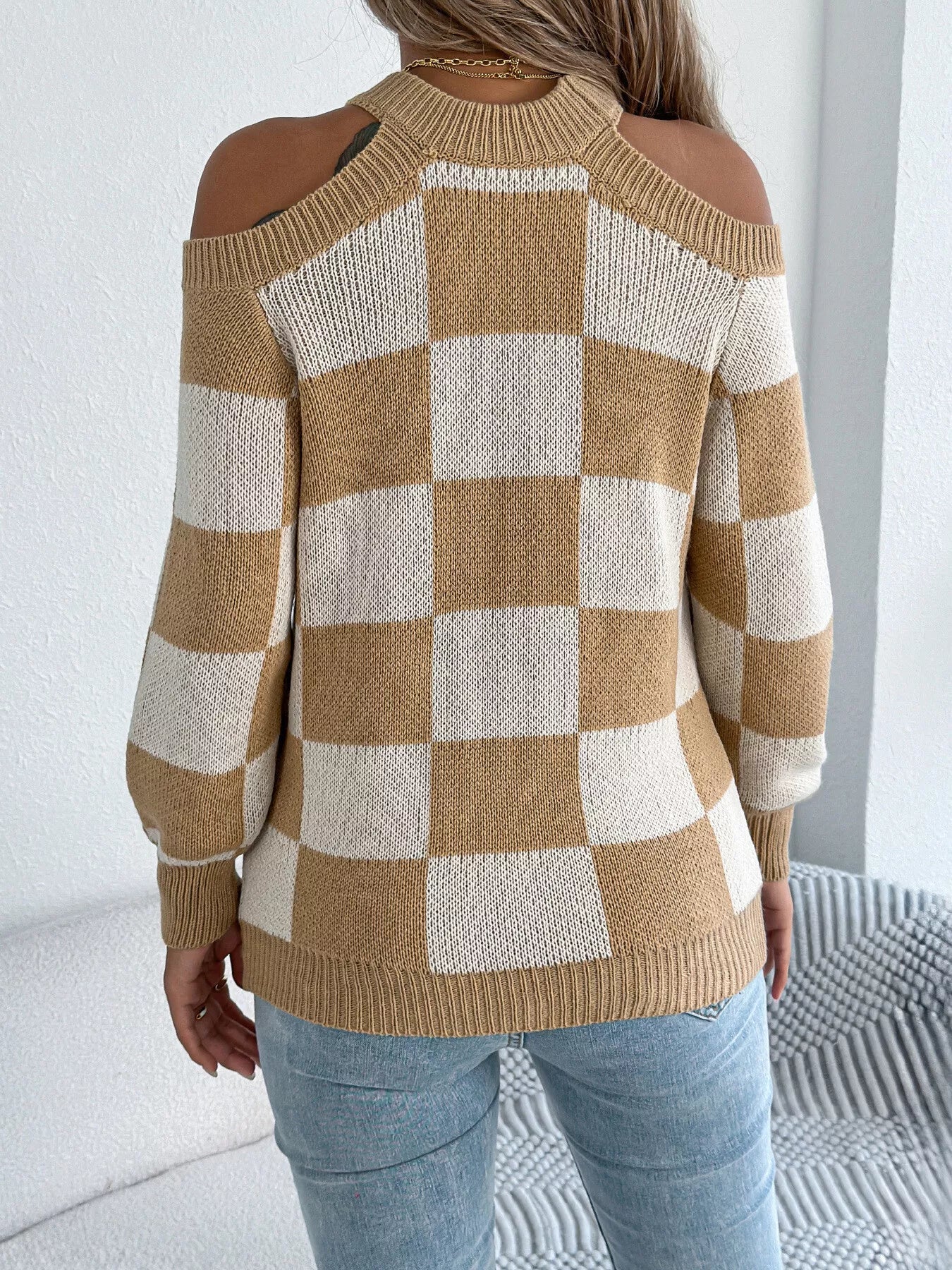 Cold Shoulder Checkered Long Sleeve Sweater - GISTMI