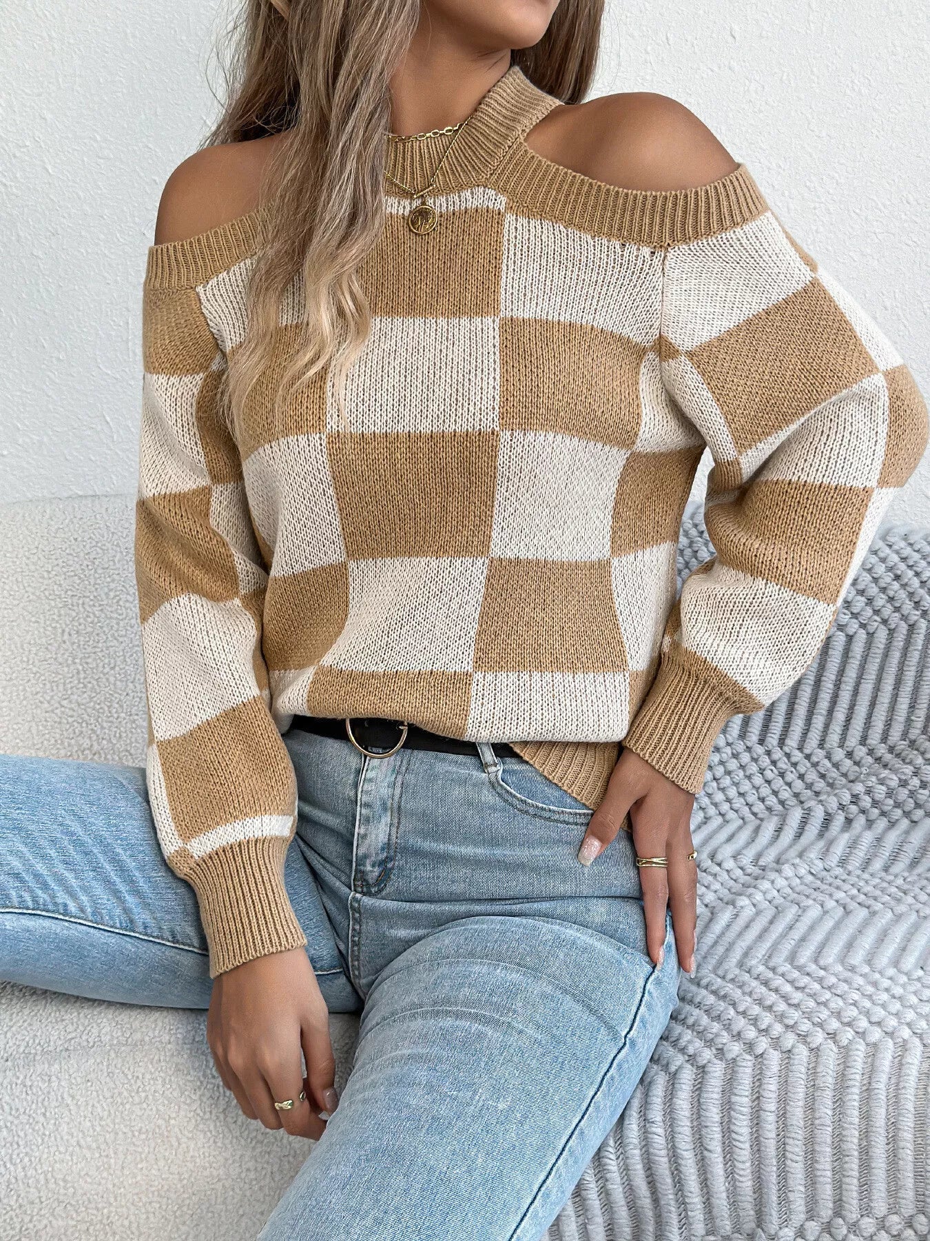Cold Shoulder Checkered Long Sleeve Sweater - GISTMI