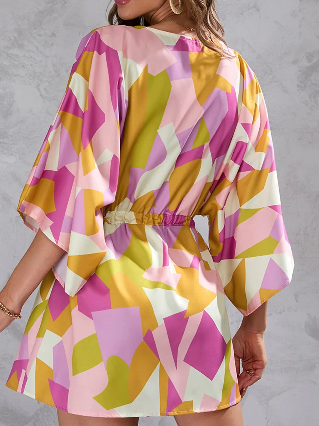 Color Block Drawstring Waist Button Up Dress - GISTMI