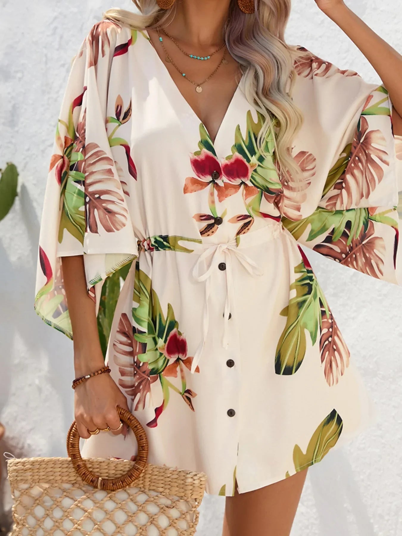 Color Block Drawstring Waist Button Up Dress - GISTMI