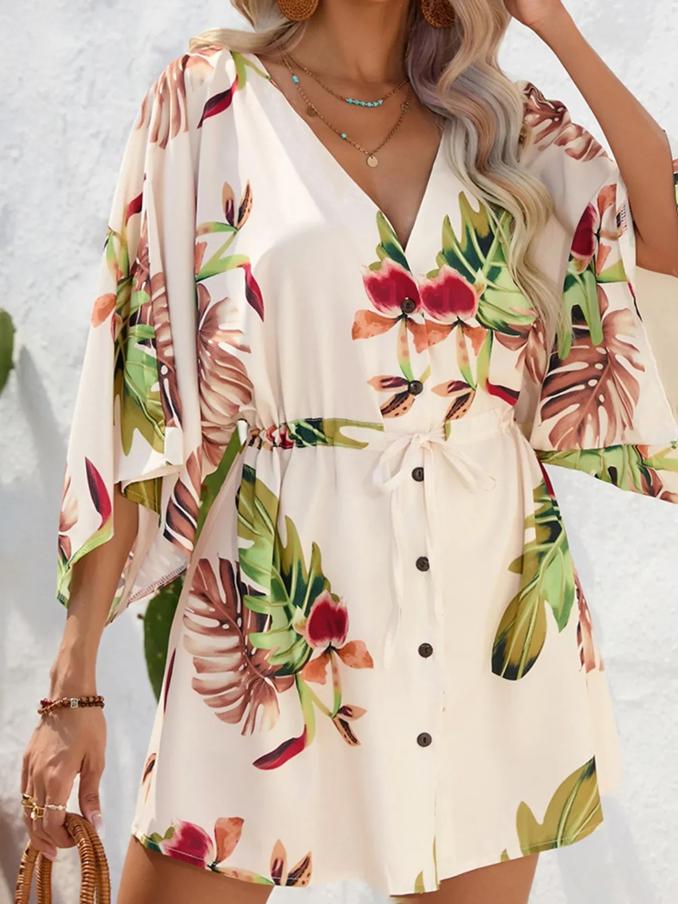 Color Block Drawstring Waist Button Up Dress - GISTMI