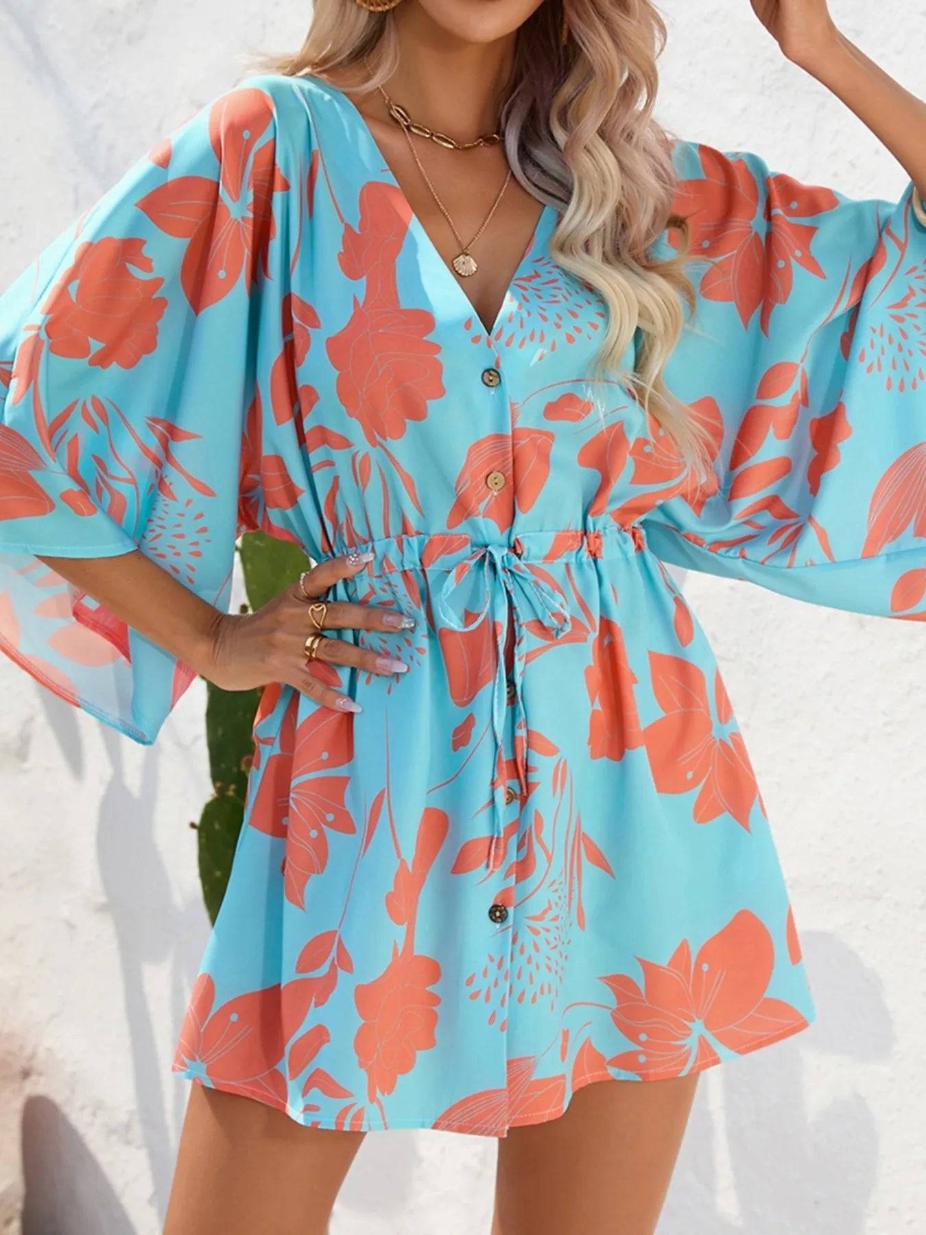 Color Block Drawstring Waist Button Up Dress - GISTMI