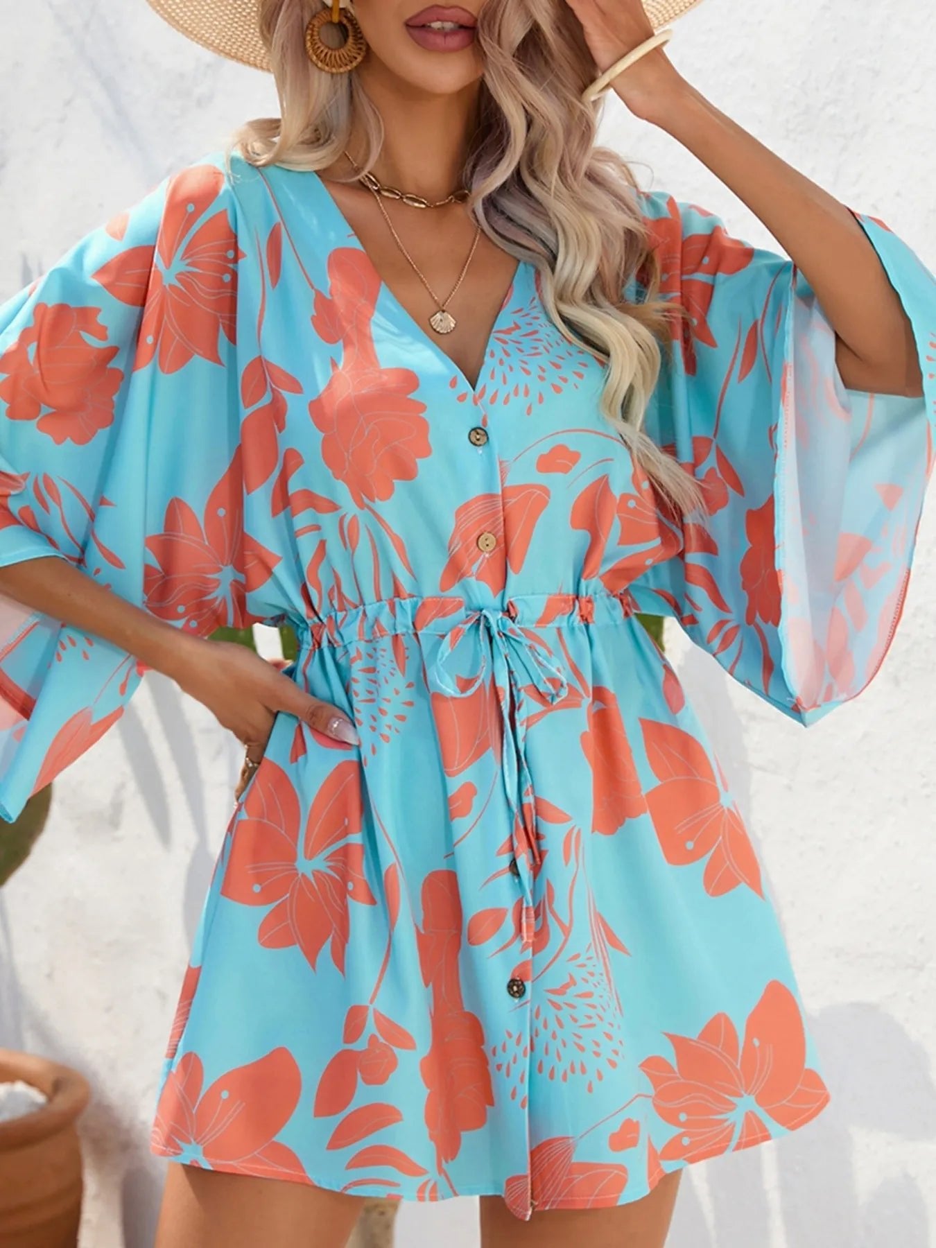 Color Block Drawstring Waist Button Up Dress - GISTMI