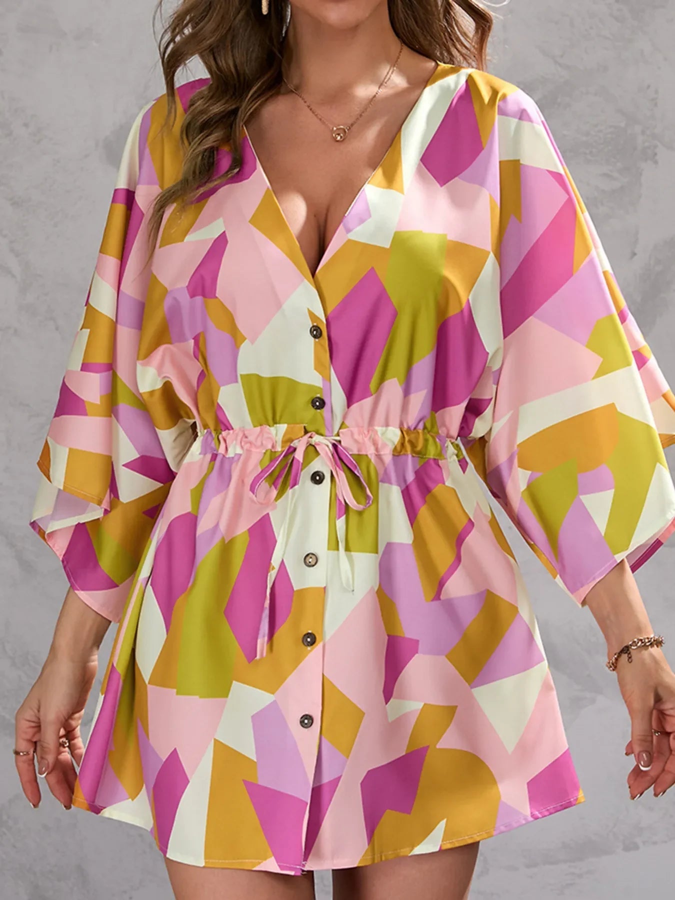 Color Block Drawstring Waist Button Up Dress - GISTMI